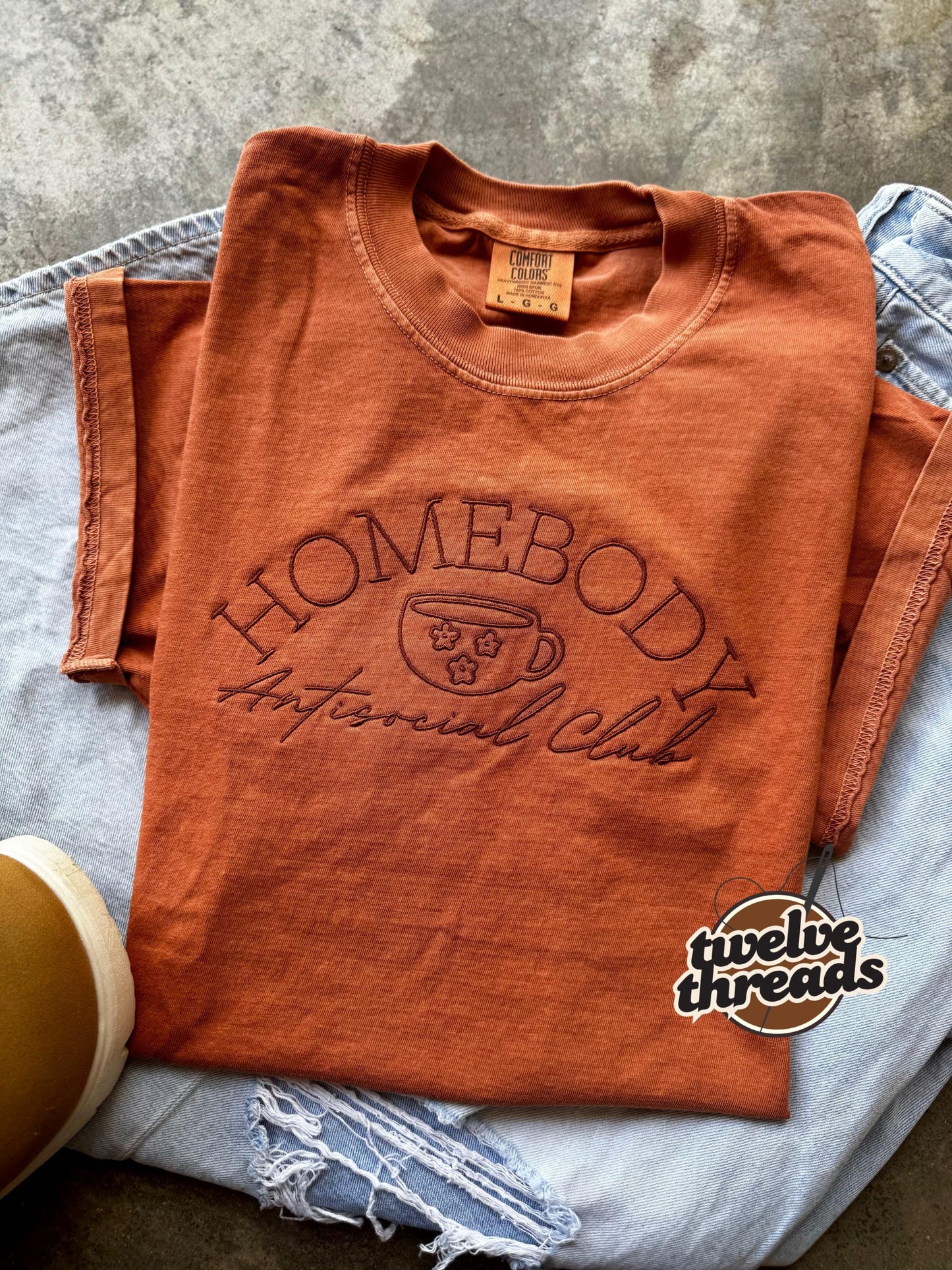 Homebody - antisocial club, coffee cup, coffee lover, sahm, comfort colors, embroidery, embroidered tee, stay at home