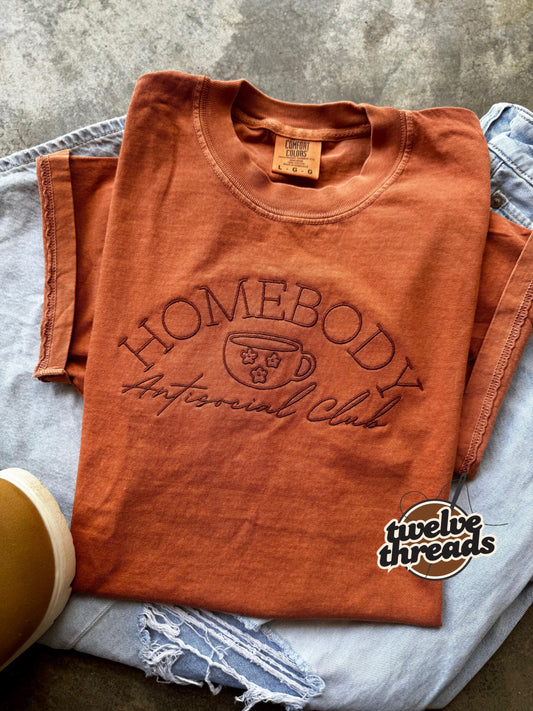Homebody - antisocial club, coffee cup, coffee lover, sahm, comfort colors, embroidery, embroidered tee, stay at home