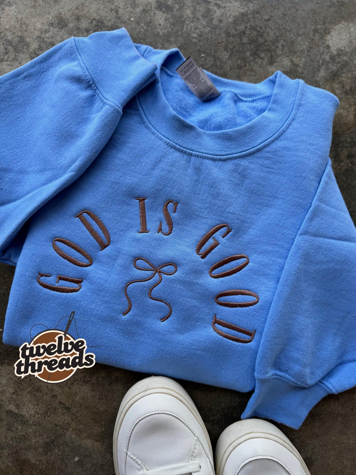 God is good, coquette bow, embroidered comfort colors, Jesus, embroidery, crewneck, God, Christian, faith