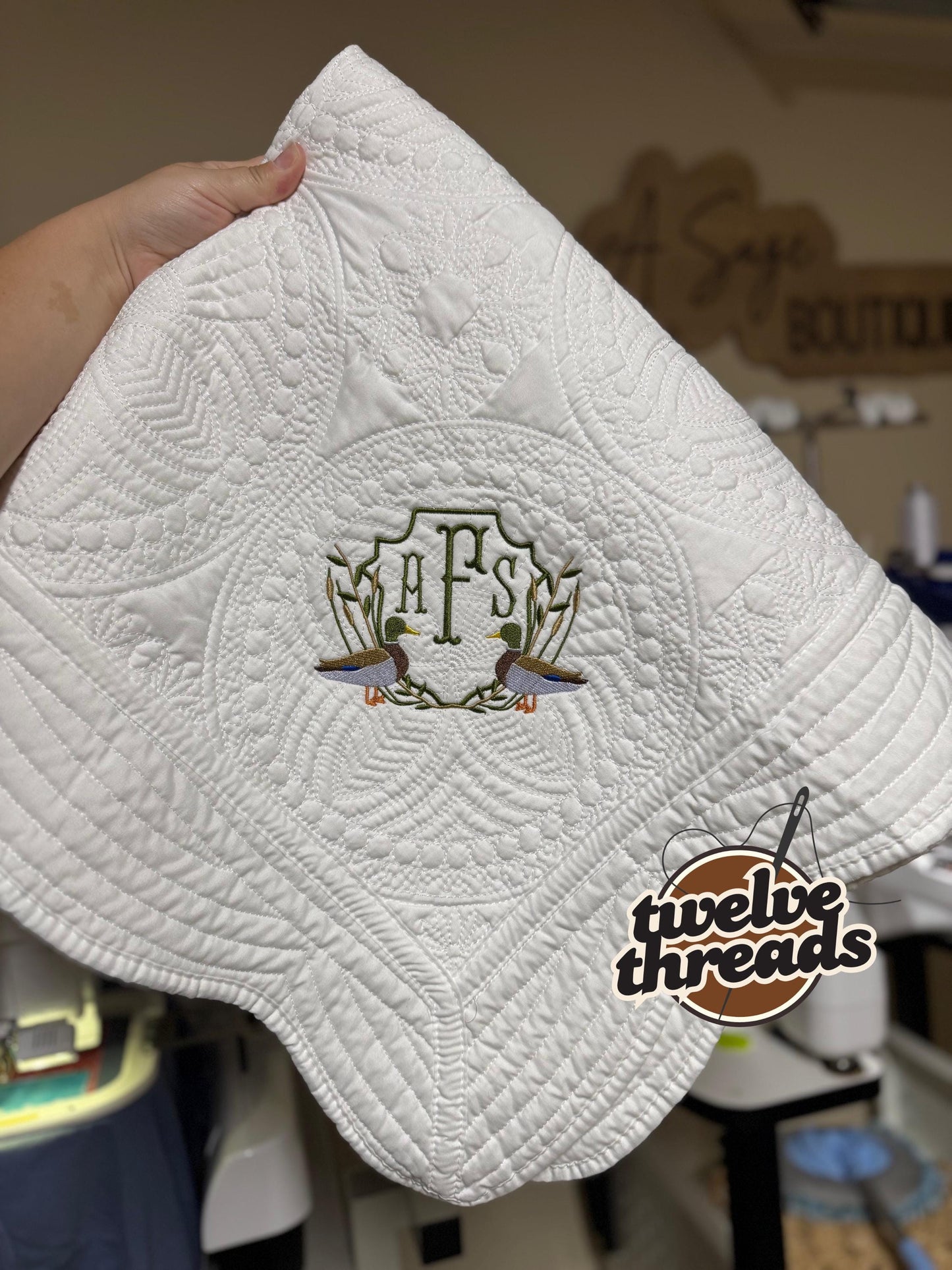 Embroidered mallard duck heirloom quilt with custom monogram, personalized baby blanket, baby boy quilt, embroidered custom heirloom blanket