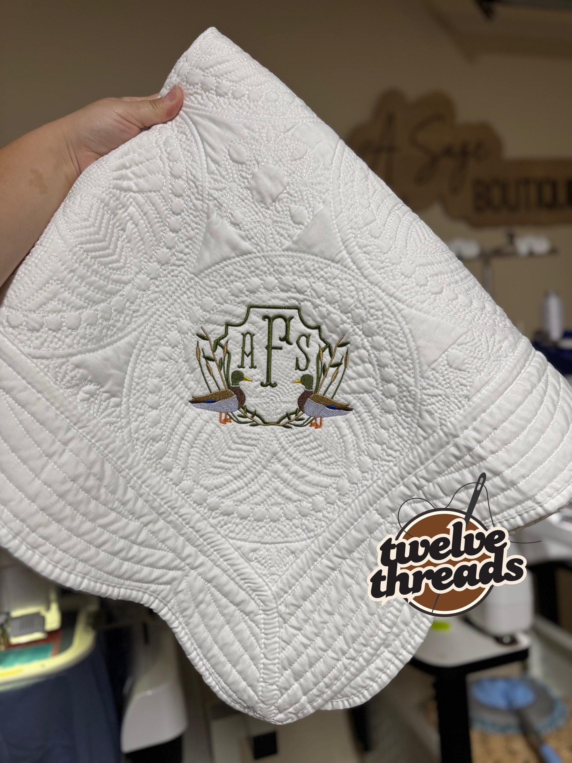 Embroidered mallard duck heirloom quilt with custom monogram, personalized baby blanket, baby boy quilt, embroidered custom heirloom blanket