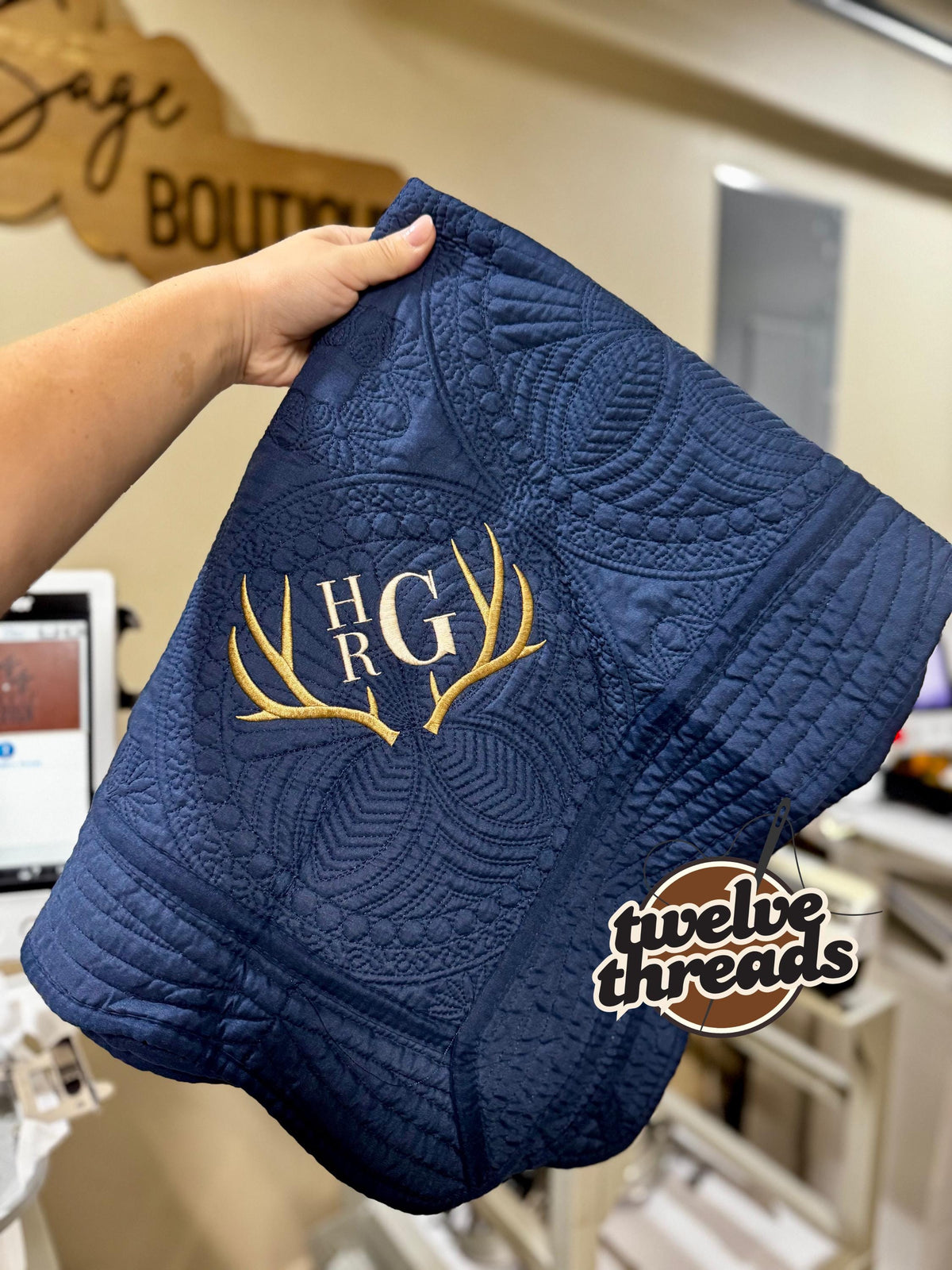 Embroidered antler heirloom quilt with custom monogram, personalized baby blanket, baby boy quilt, embroidered custom heirloom blanket