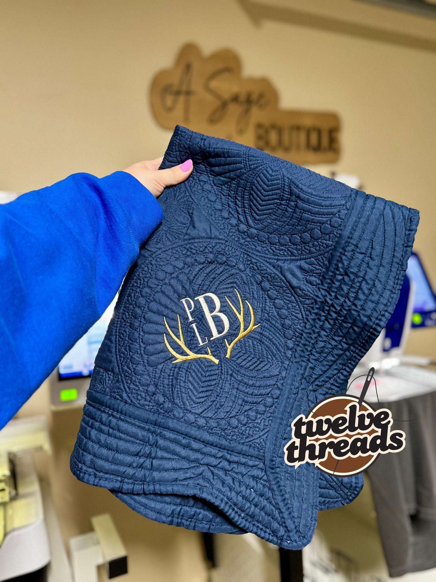 Embroidered antler heirloom quilt with custom monogram, personalized baby blanket, baby boy quilt, embroidered custom heirloom blanket