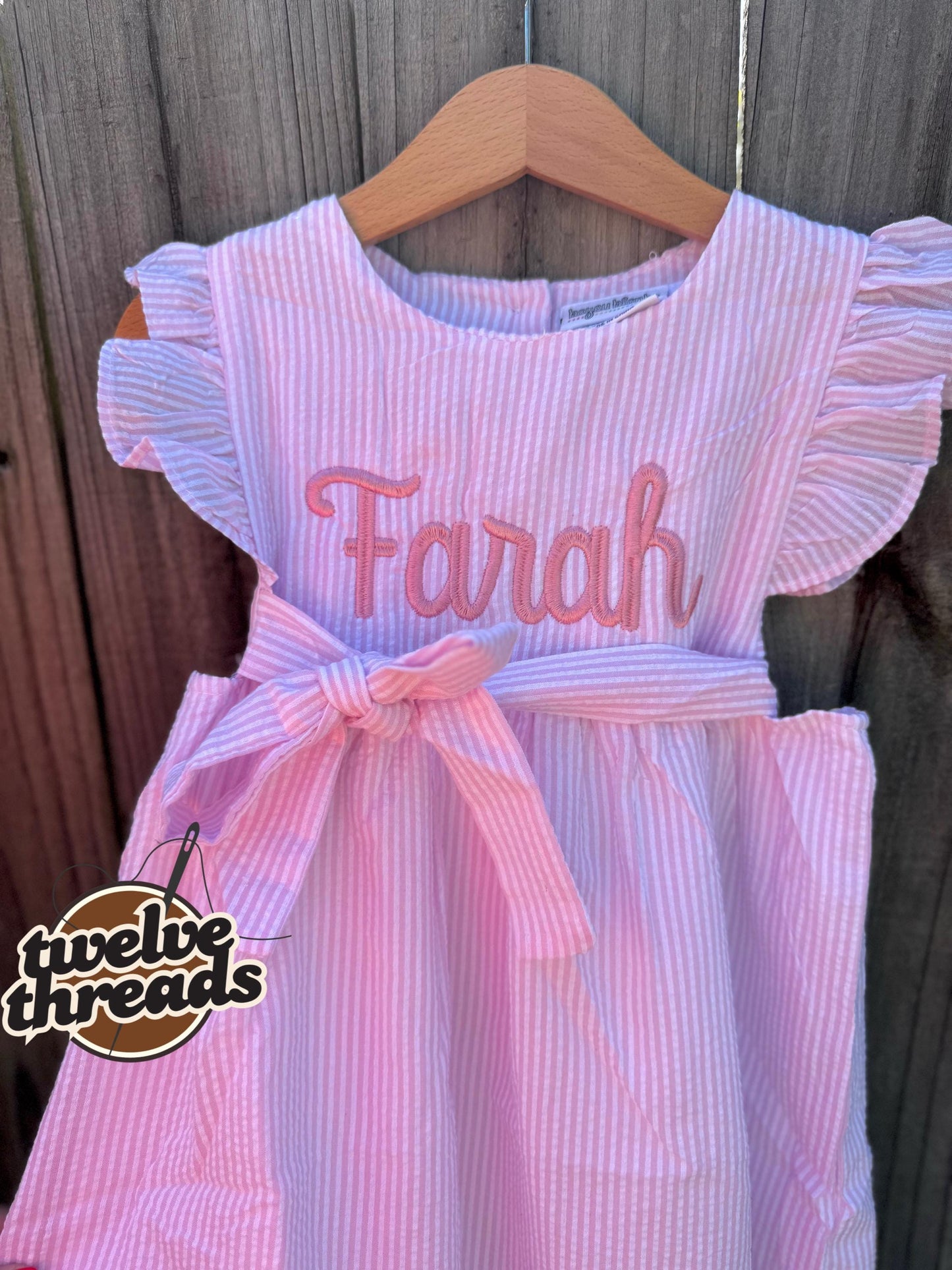 Seersucker side tie dress with custom embroidery, personalized girls seersucker dress, monogram, custom embroidered girls dress, seersucker