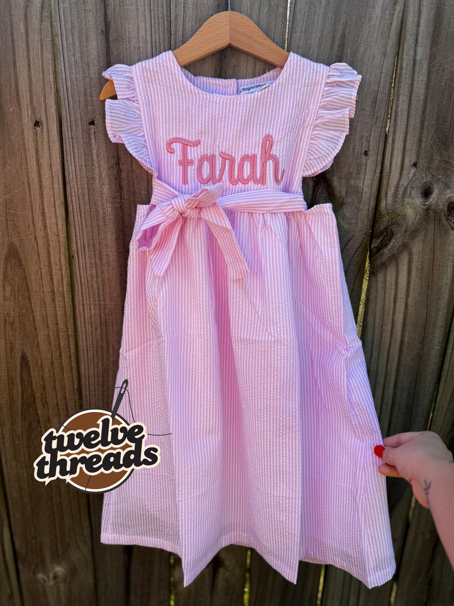 Seersucker side tie dress with custom embroidery, personalized girls seersucker dress, monogram, custom embroidered girls dress, seersucker