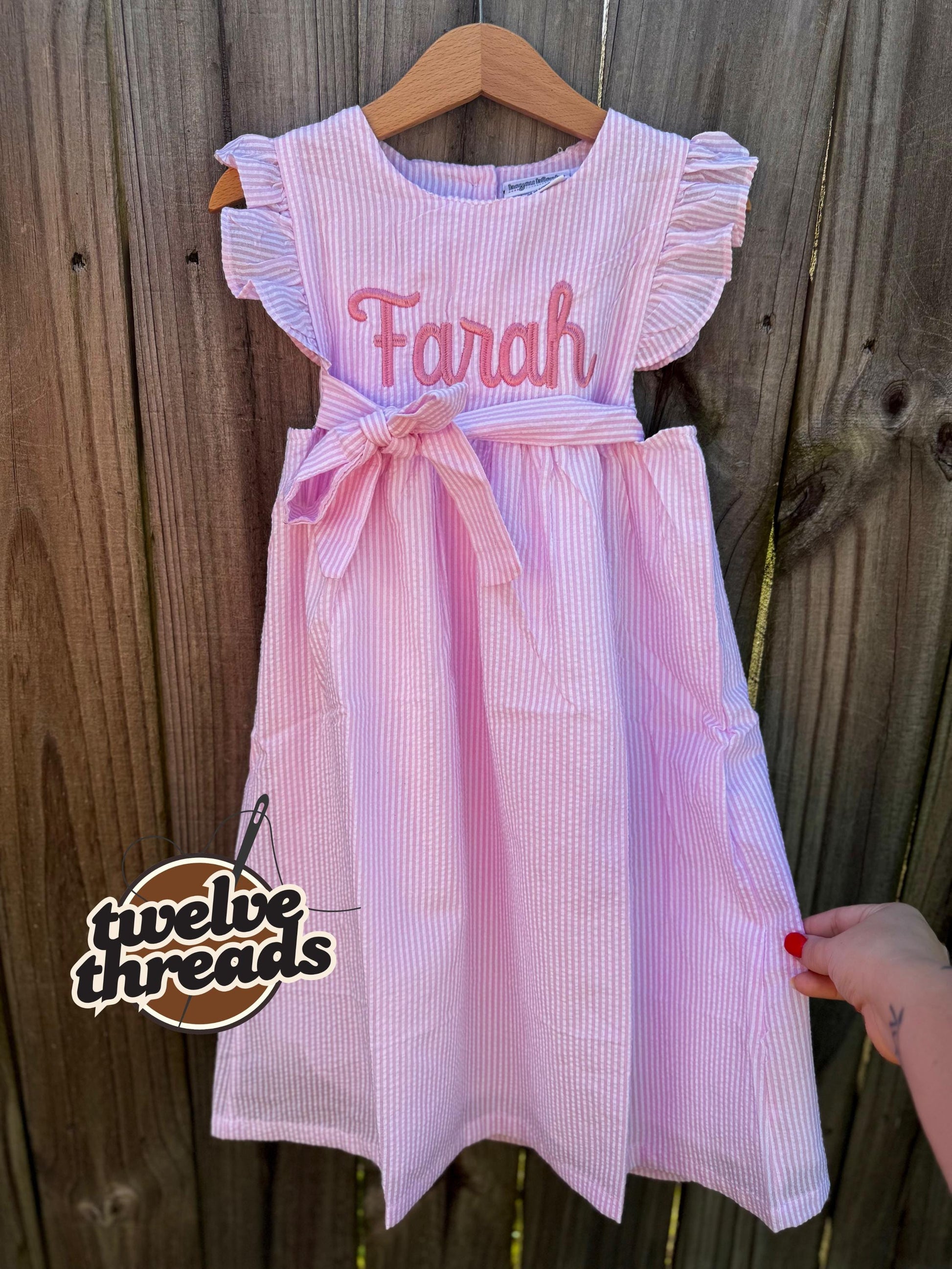 Seersucker side tie dress with custom embroidery, personalized girls seersucker dress, monogram, custom embroidered girls dress, seersucker
