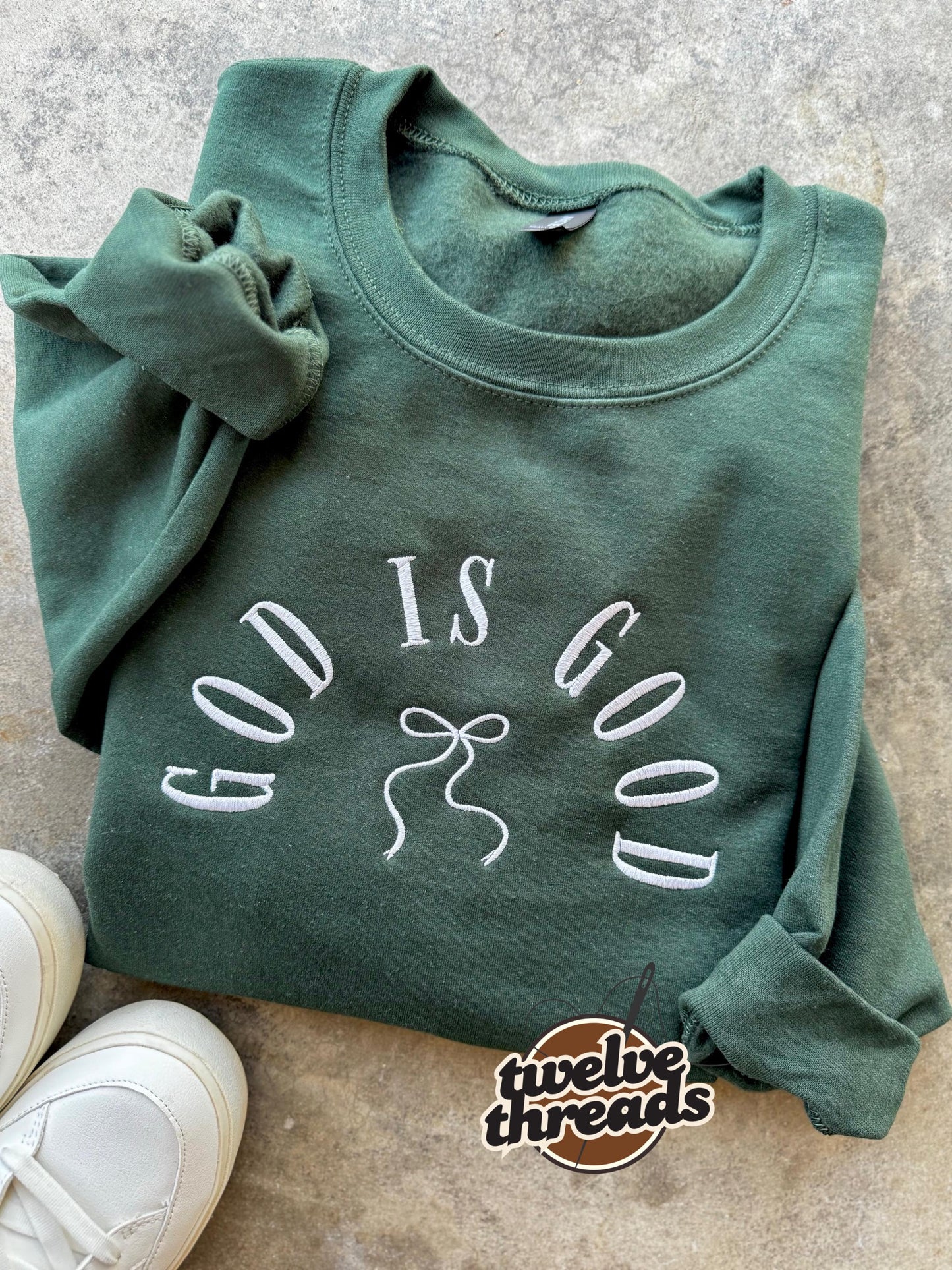 God is good, coquette bow, embroidered comfort colors, Jesus, embroidery, crewneck, God, Christian, faith