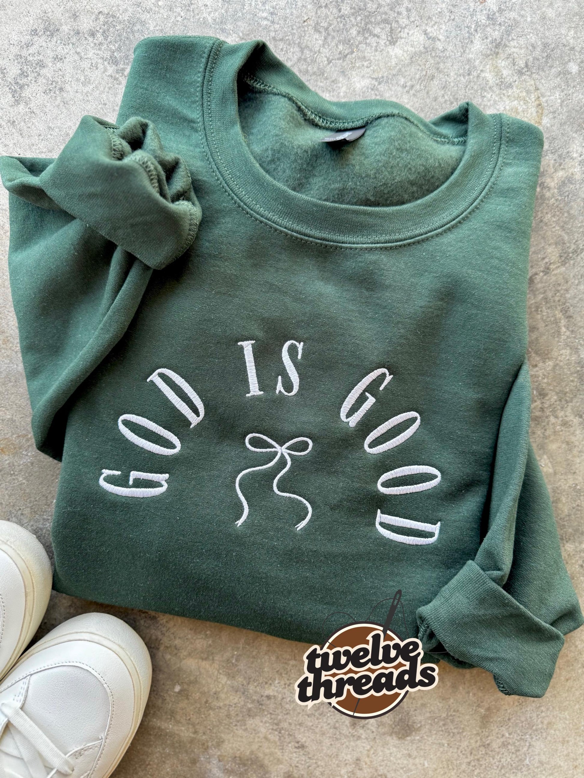 God is good, coquette bow, embroidered comfort colors, Jesus, embroidery, crewneck, God, Christian, faith