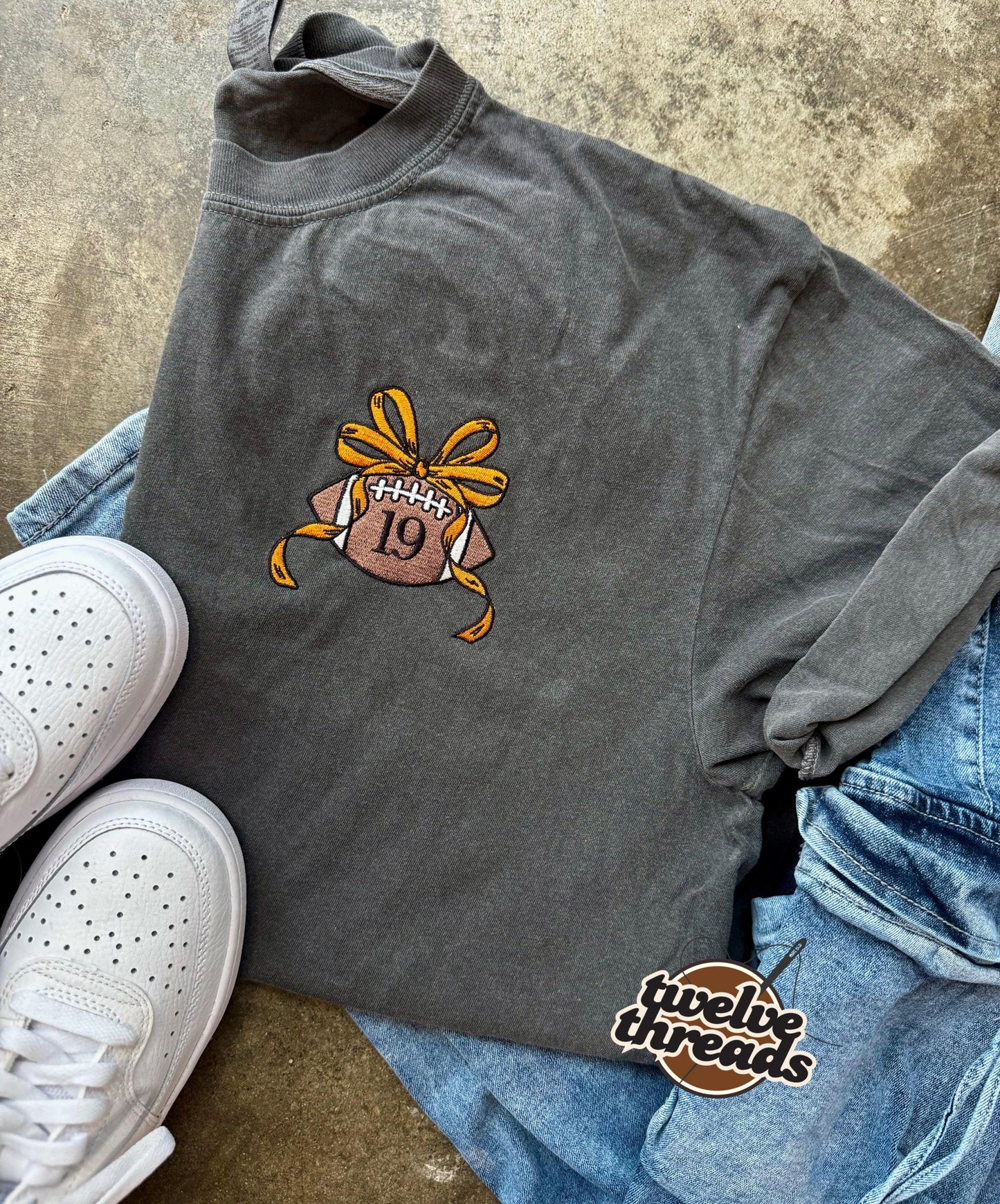 Custom football coquette bow, embroidered with team name, team number, custom monogram, football spirit wear, school spirit, sports, cheer