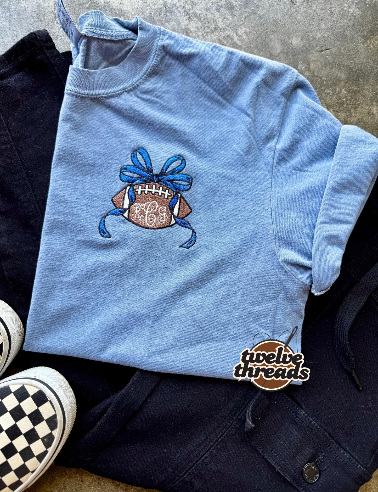 Custom football coquette bow, embroidered with team name, team number, custom monogram, football spirit wear, school spirit, sports, cheer