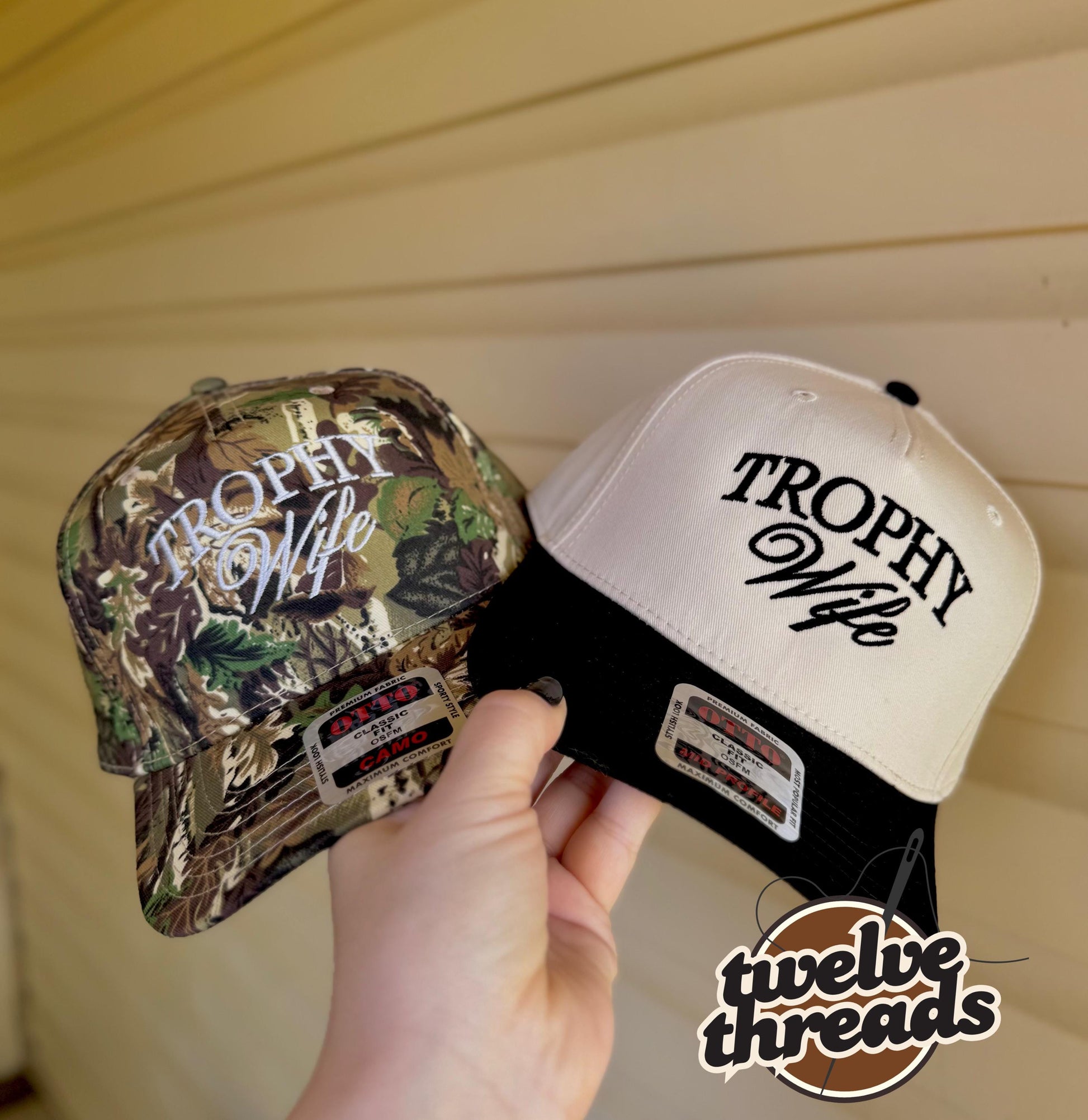 Embroidered trophy wife Otto cap, 5 panel Otto cap, trucker hat, custom embroidery, embroidery trucker hat, monochrome look