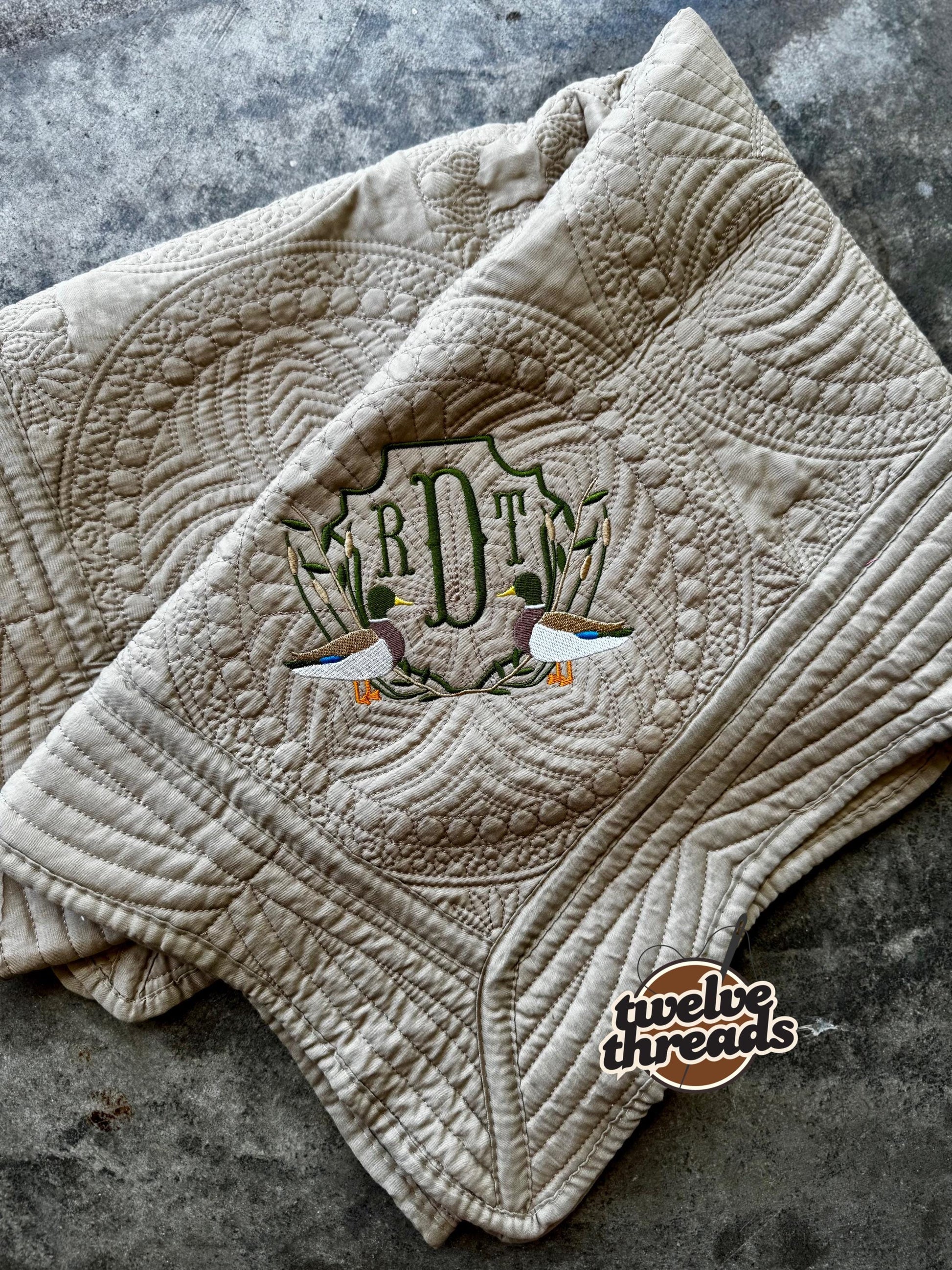 Embroidered mallard duck heirloom quilt with custom monogram, personalized baby blanket, baby boy quilt, embroidered custom heirloom blanket