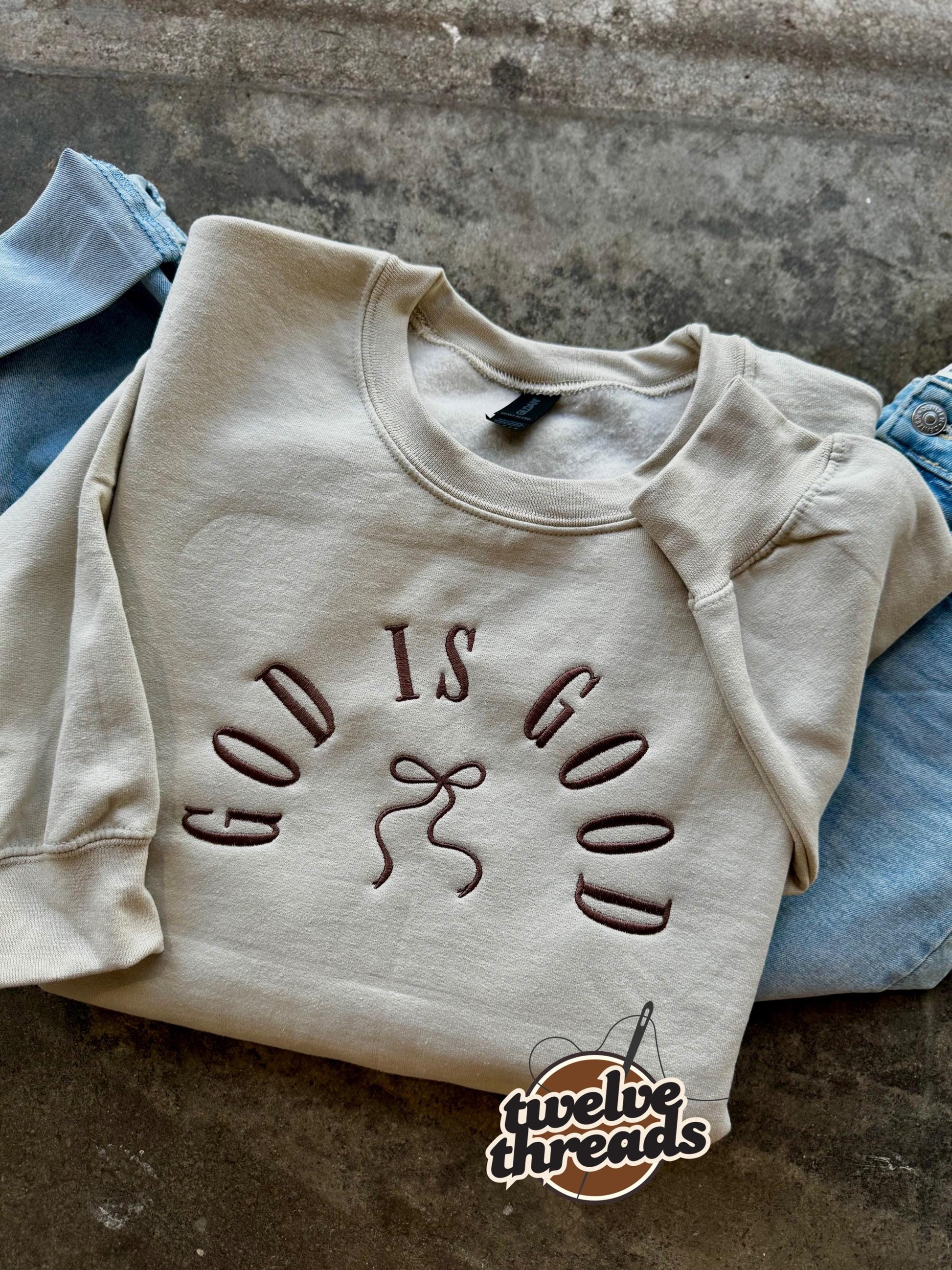 God is good, coquette bow, embroidered comfort colors, Jesus, embroidery, crewneck, God, Christian, faith