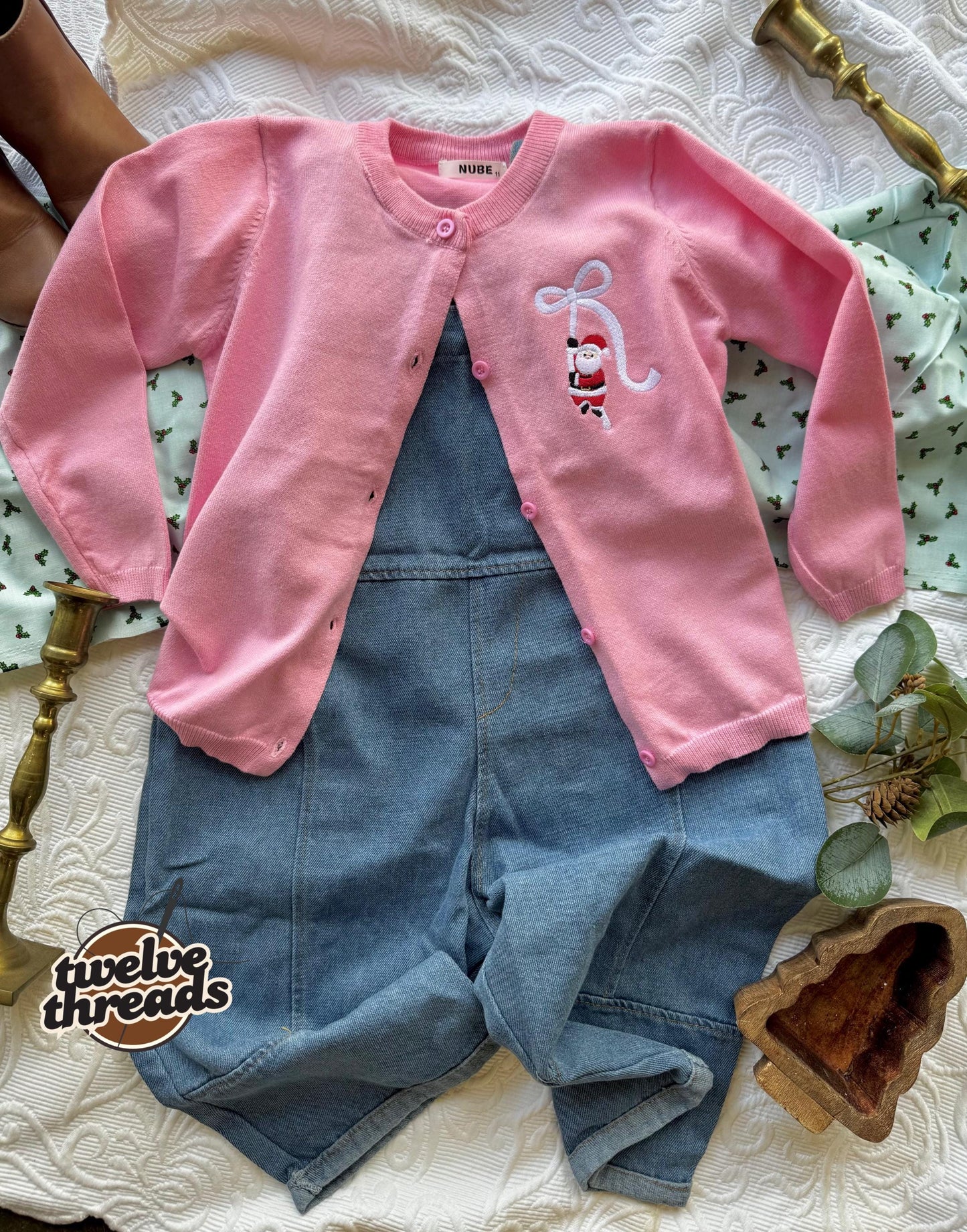 Embroidered Coquette Bow Santa knit cardigan, youth and toddler sweater, embroidery, Christmas time outfit, holiday kids sweater, sweatshirt