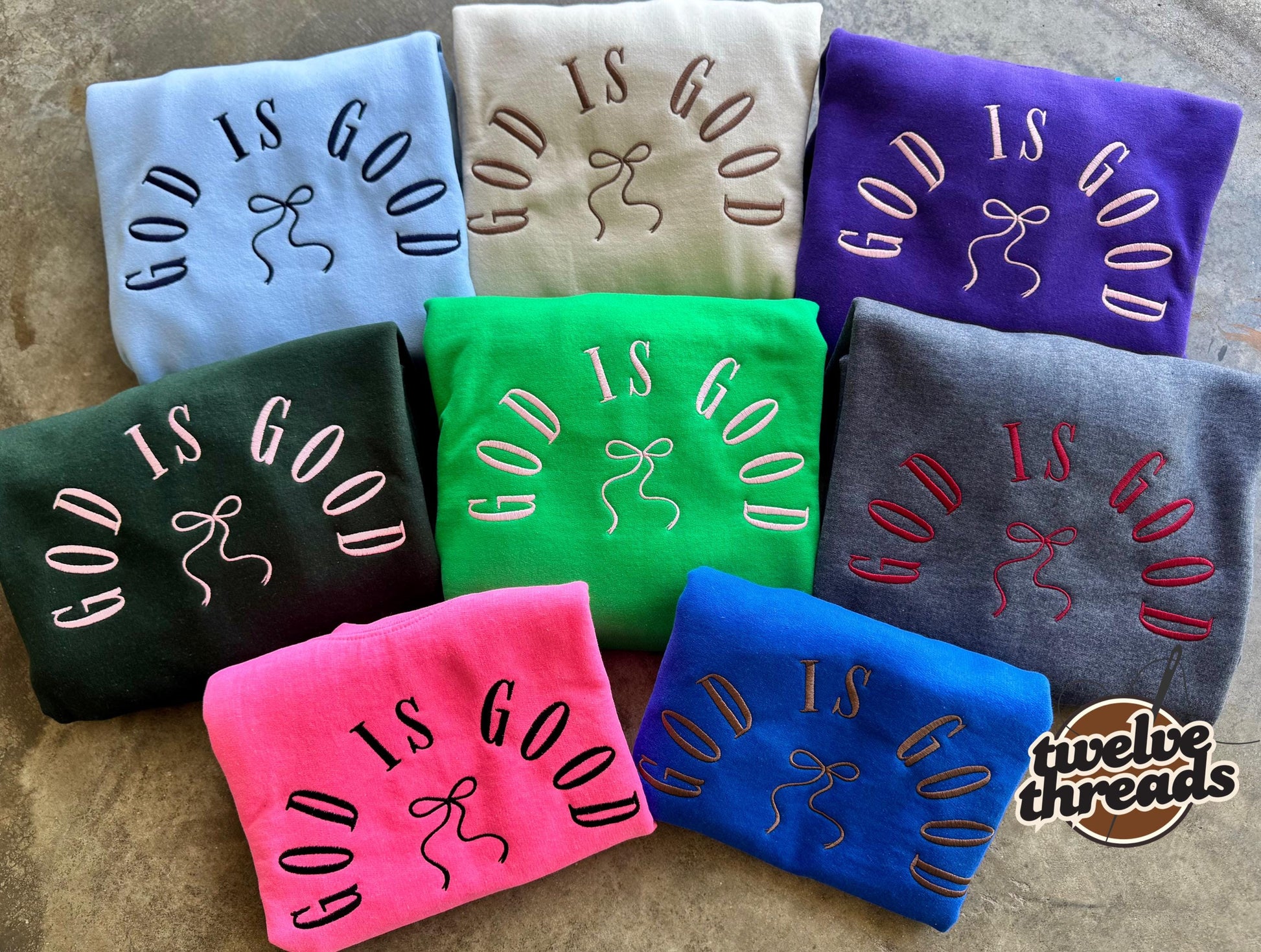 God is good, coquette bow, embroidered comfort colors, Jesus, embroidery, crewneck, God, Christian, faith