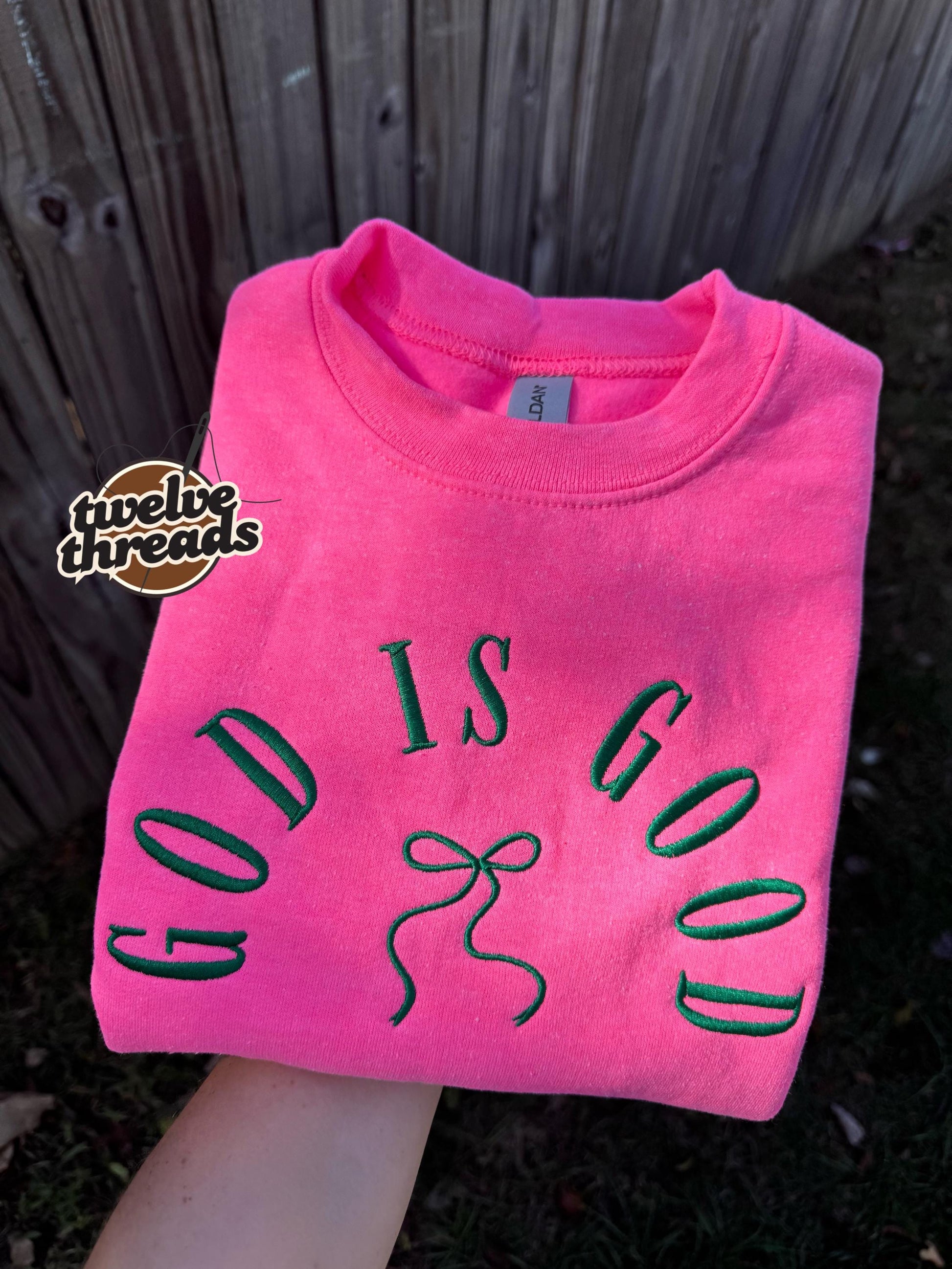 God is good, coquette bow, embroidered comfort colors, Jesus, embroidery, crewneck, God, Christian, faith