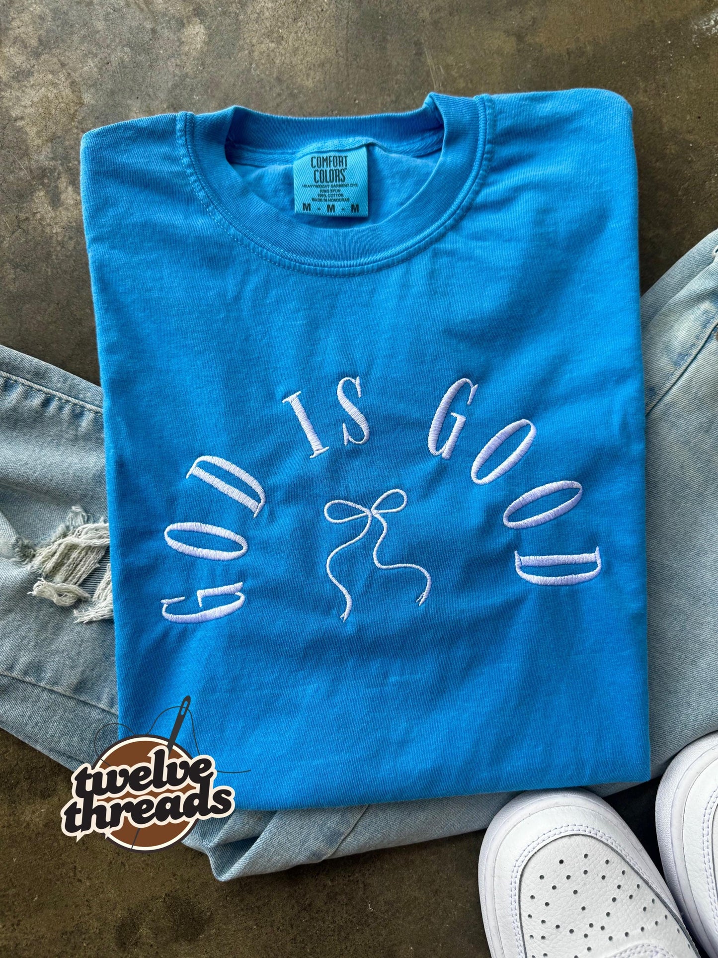 God is good, coquette bow, embroidered comfort colors, Jesus, embroidery, crewneck, God, Christian, faith