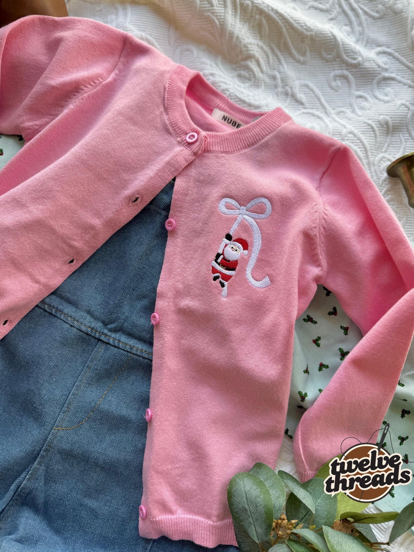 Embroidered Coquette Bow Santa knit cardigan, youth and toddler sweater, embroidery, Christmas time outfit, holiday kids sweater, sweatshirt