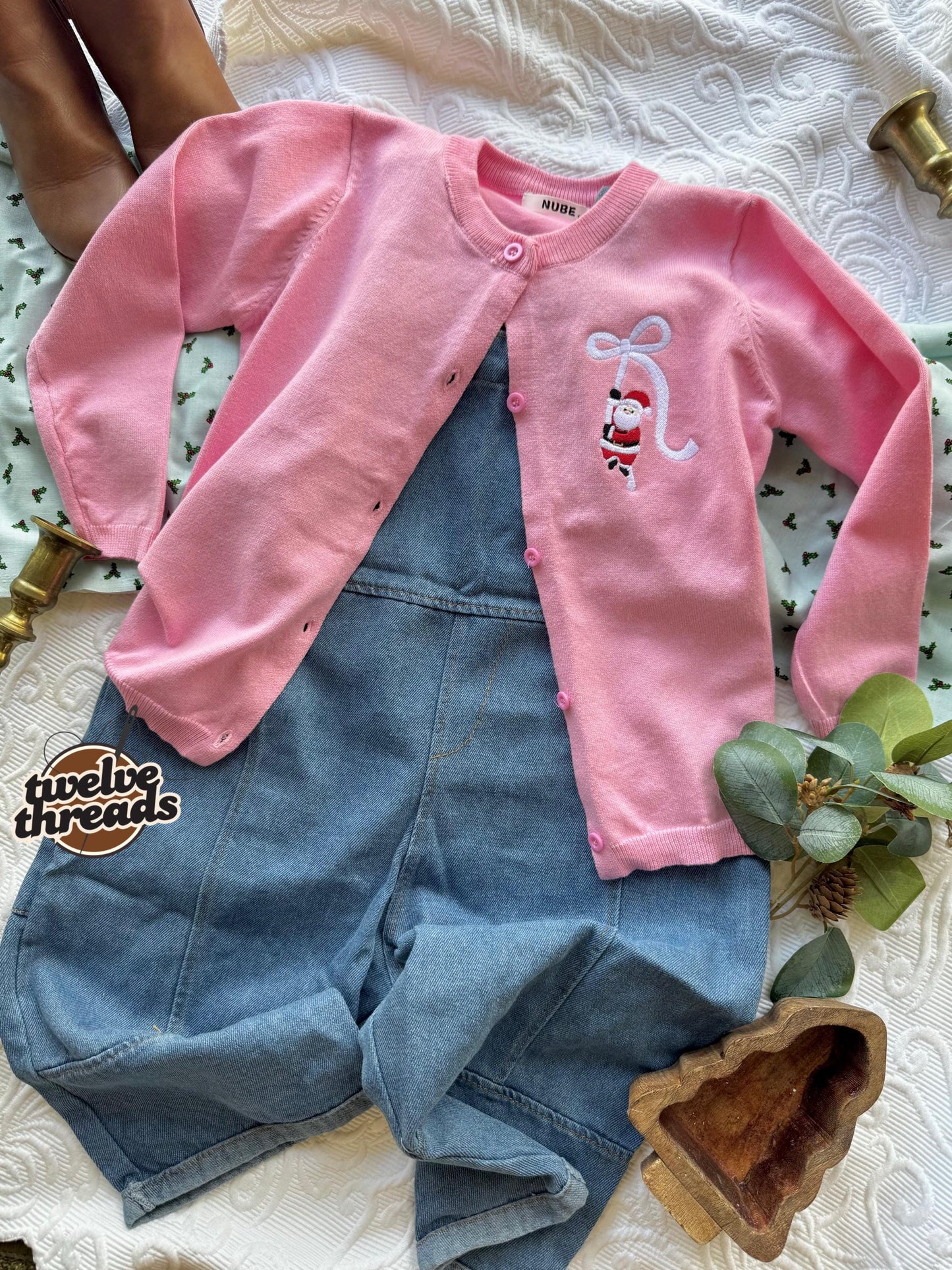 Embroidered Coquette Bow Santa knit cardigan, youth and toddler sweater, embroidery, Christmas time outfit, holiday kids sweater, sweatshirt