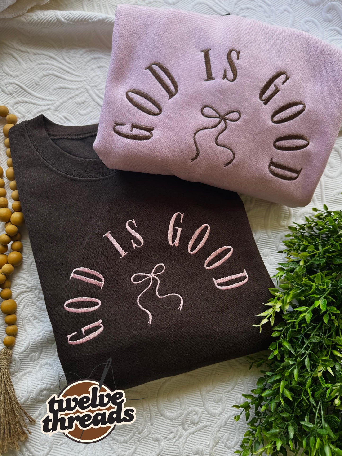 God is good, coquette bow, embroidered comfort colors, Jesus, embroidery, crewneck, God, Christian, faith