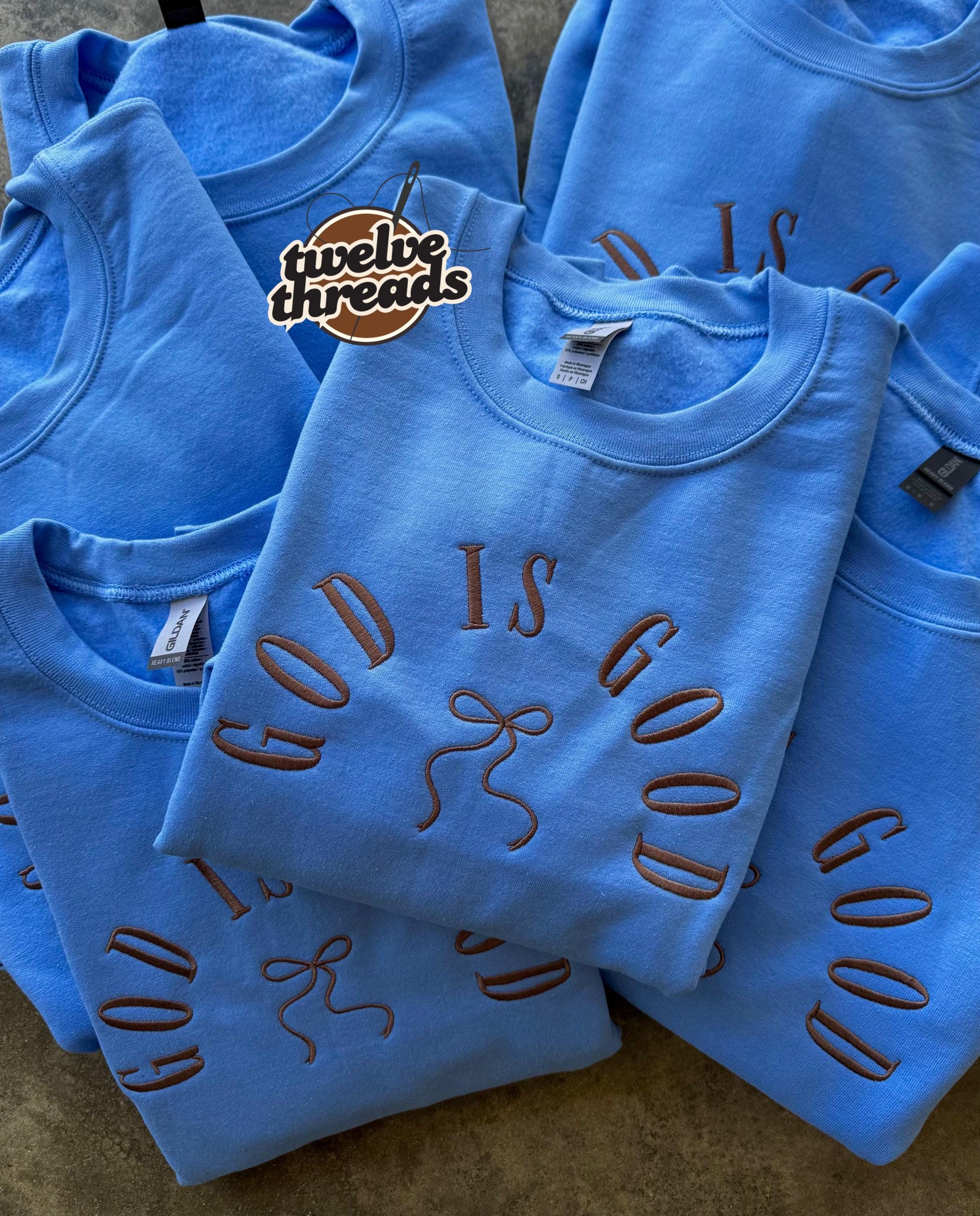 God is good, coquette bow, embroidered comfort colors, Jesus, embroidery, crewneck, God, Christian, faith