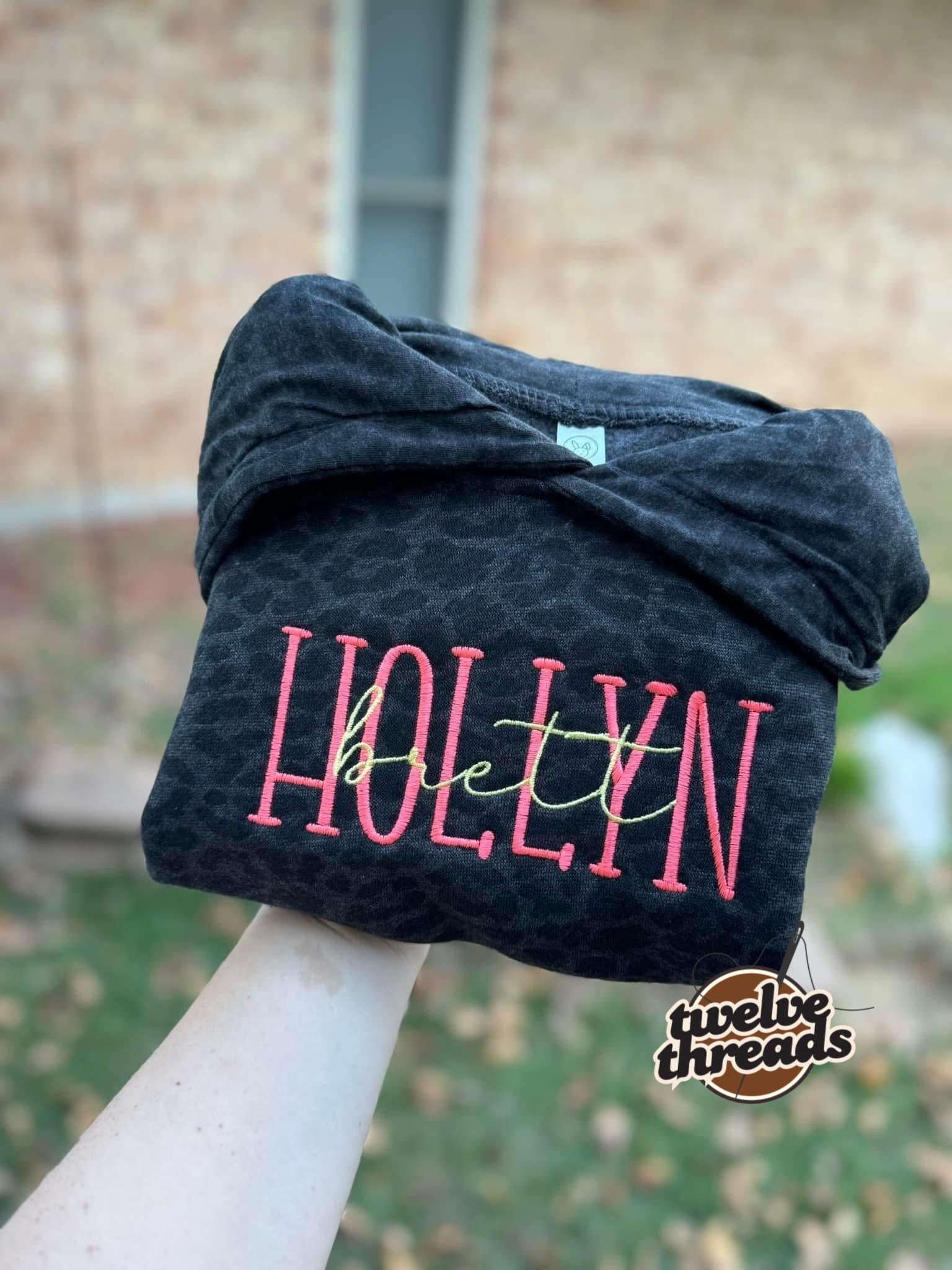 Embroidered double name hoodie / black leopard / vintage camo / embroidered kids hoodie / toddler hoodie / embroidery / custom name