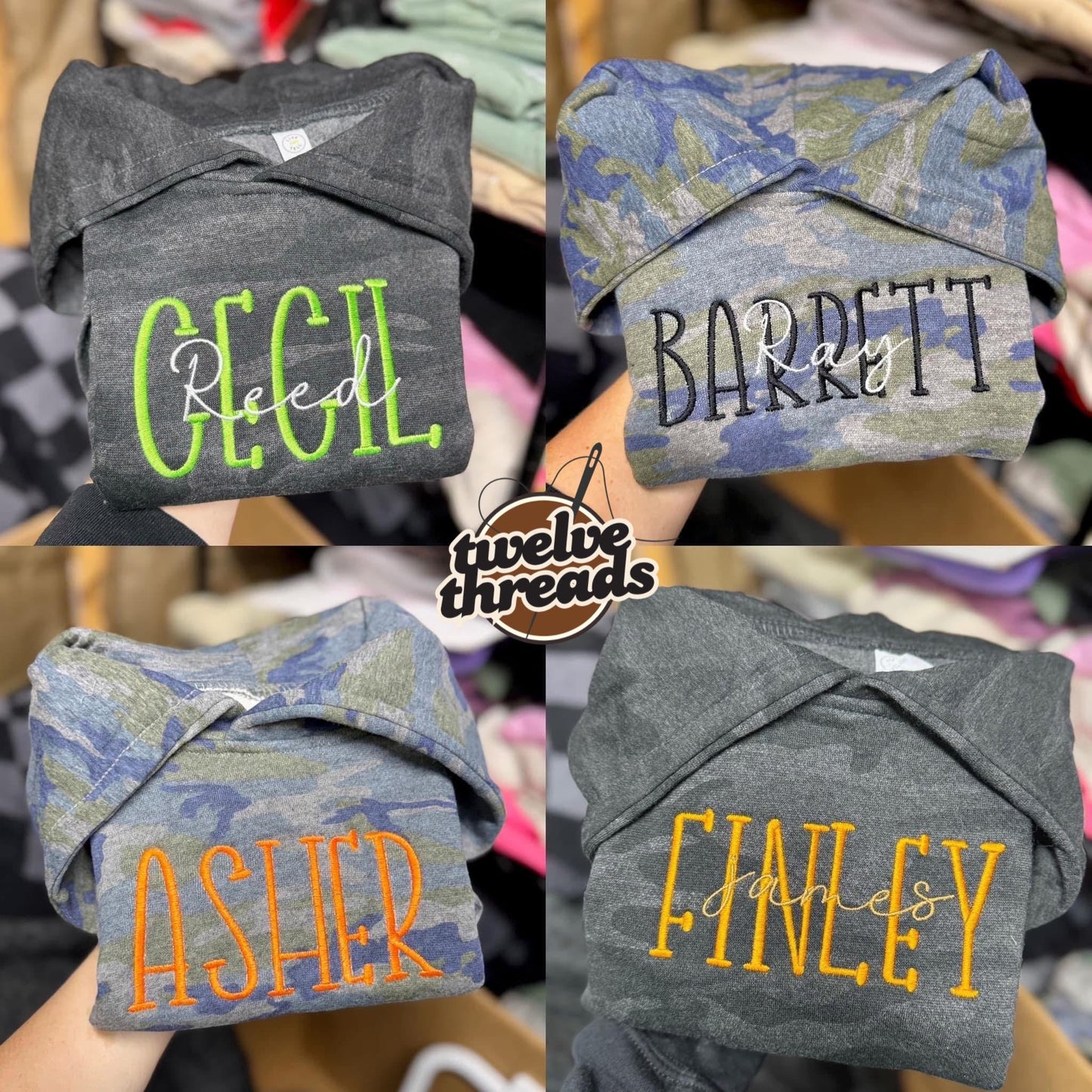 Embroidered double name hoodie / black leopard / vintage camo / embroidered kids hoodie / toddler hoodie / embroidery / custom name