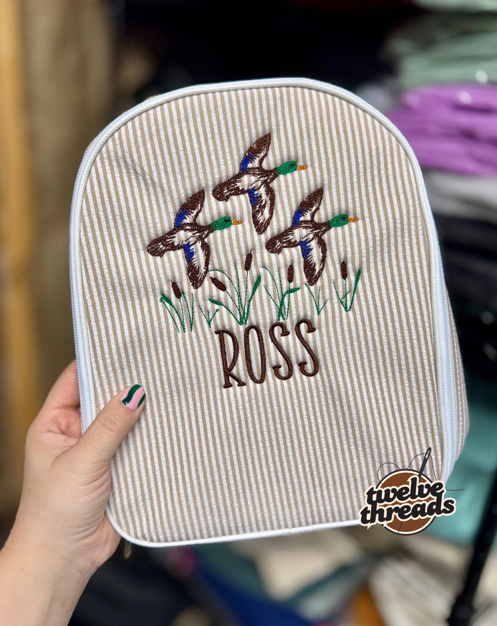 Embroidered Seersucker lunch box - mallard ducks - swamp - kids lunch box - lunch bag - adult lunch box - embroidered lunch box -embroidery