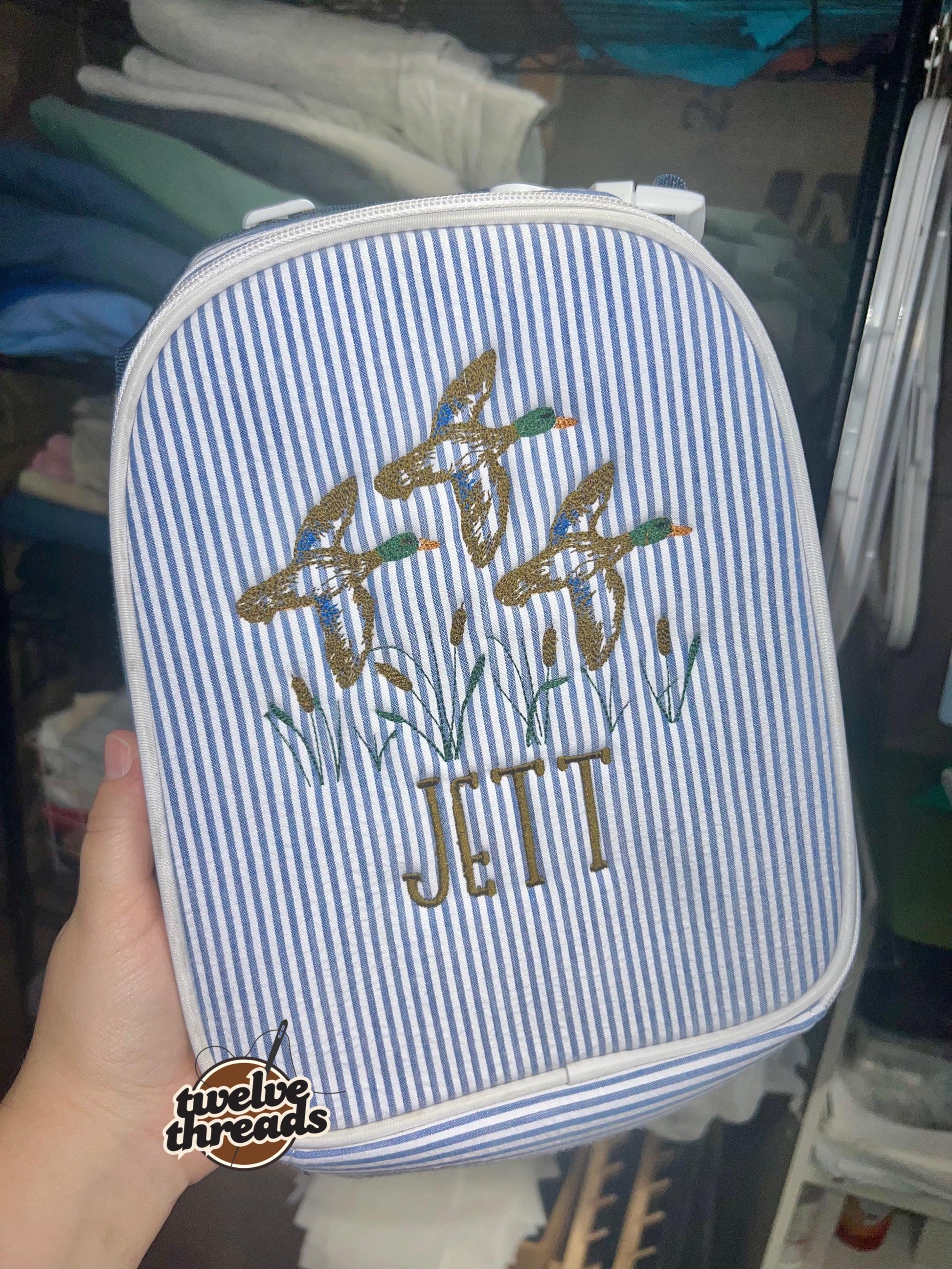 Embroidered Seersucker lunch box - mallard ducks - swamp - kids lunch box - lunch bag - adult lunch box - embroidered lunch box -embroidery