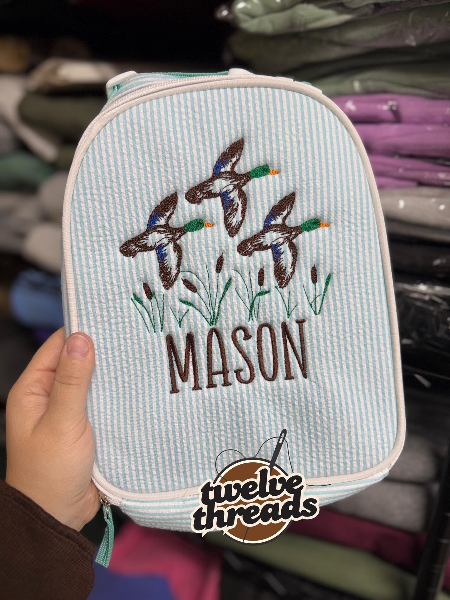 Embroidered Seersucker lunch box - mallard ducks - swamp - kids lunch box - lunch bag - adult lunch box - embroidered lunch box -embroidery