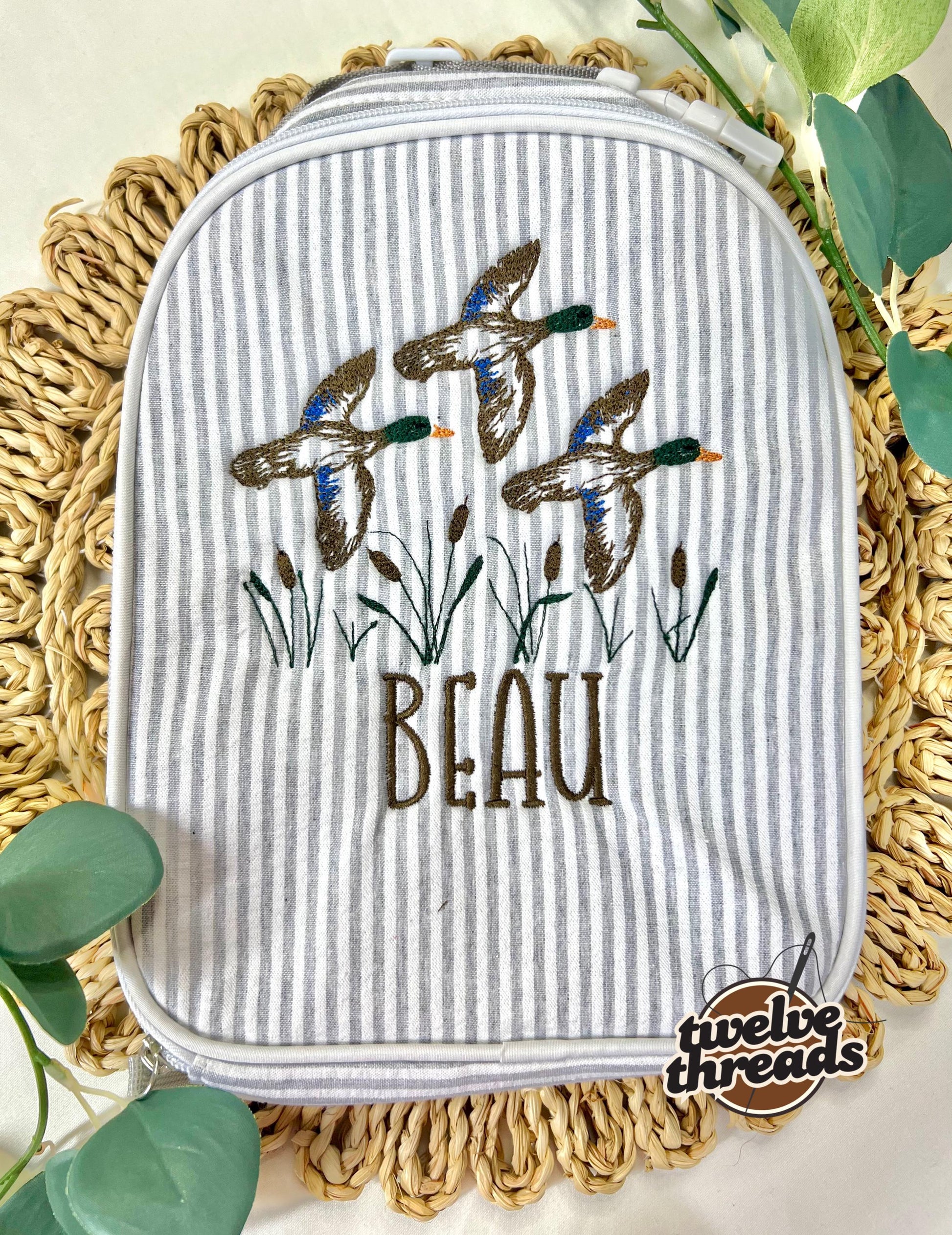 Embroidered Seersucker lunch box - mallard ducks - swamp - kids lunch box - lunch bag - adult lunch box - embroidered lunch box -embroidery