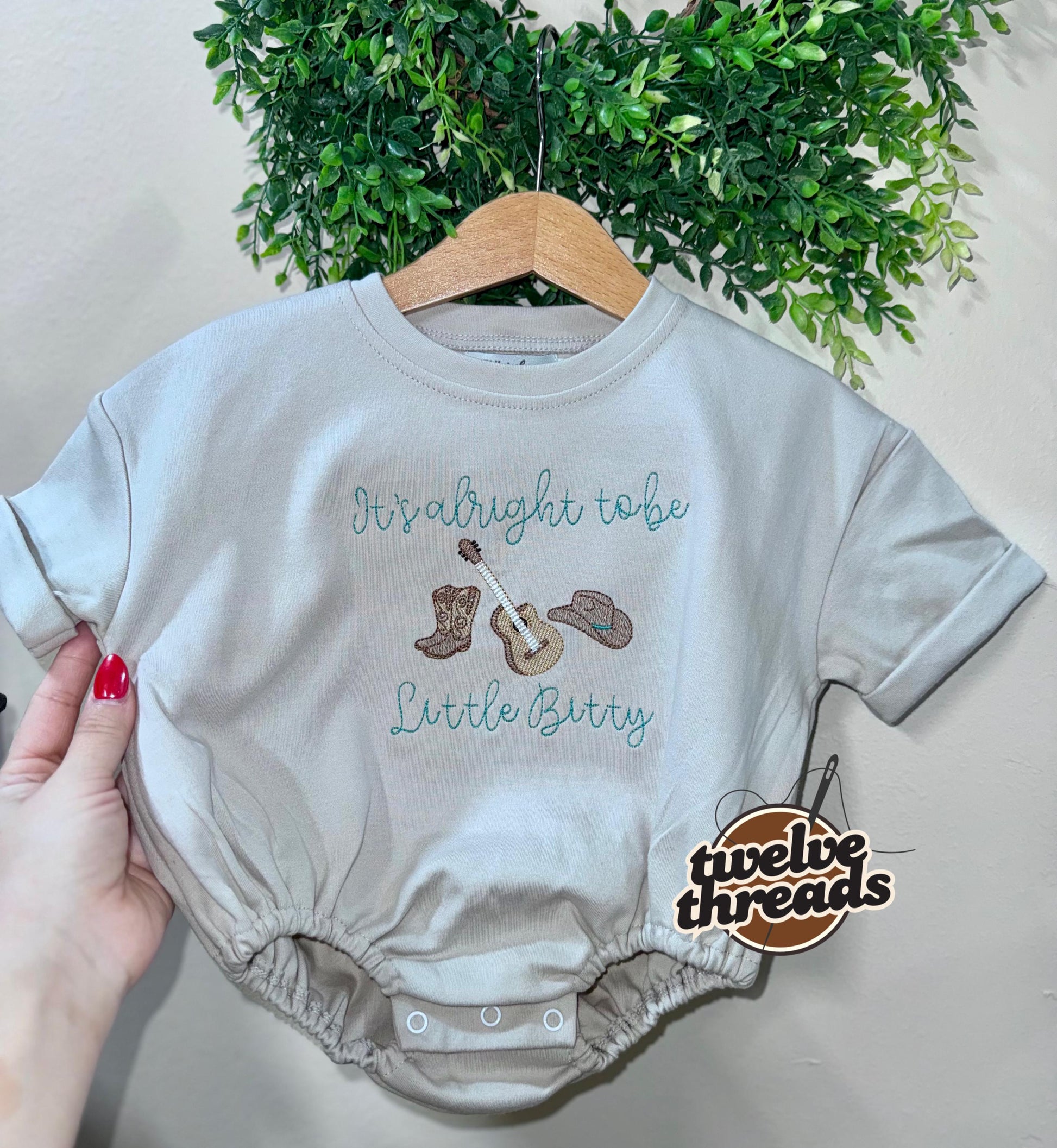 It’s alright to be Little Bitty - country song - Alan Jackson - western - cowboy - embroidered t shirt - kids bubble romper - embroidery -