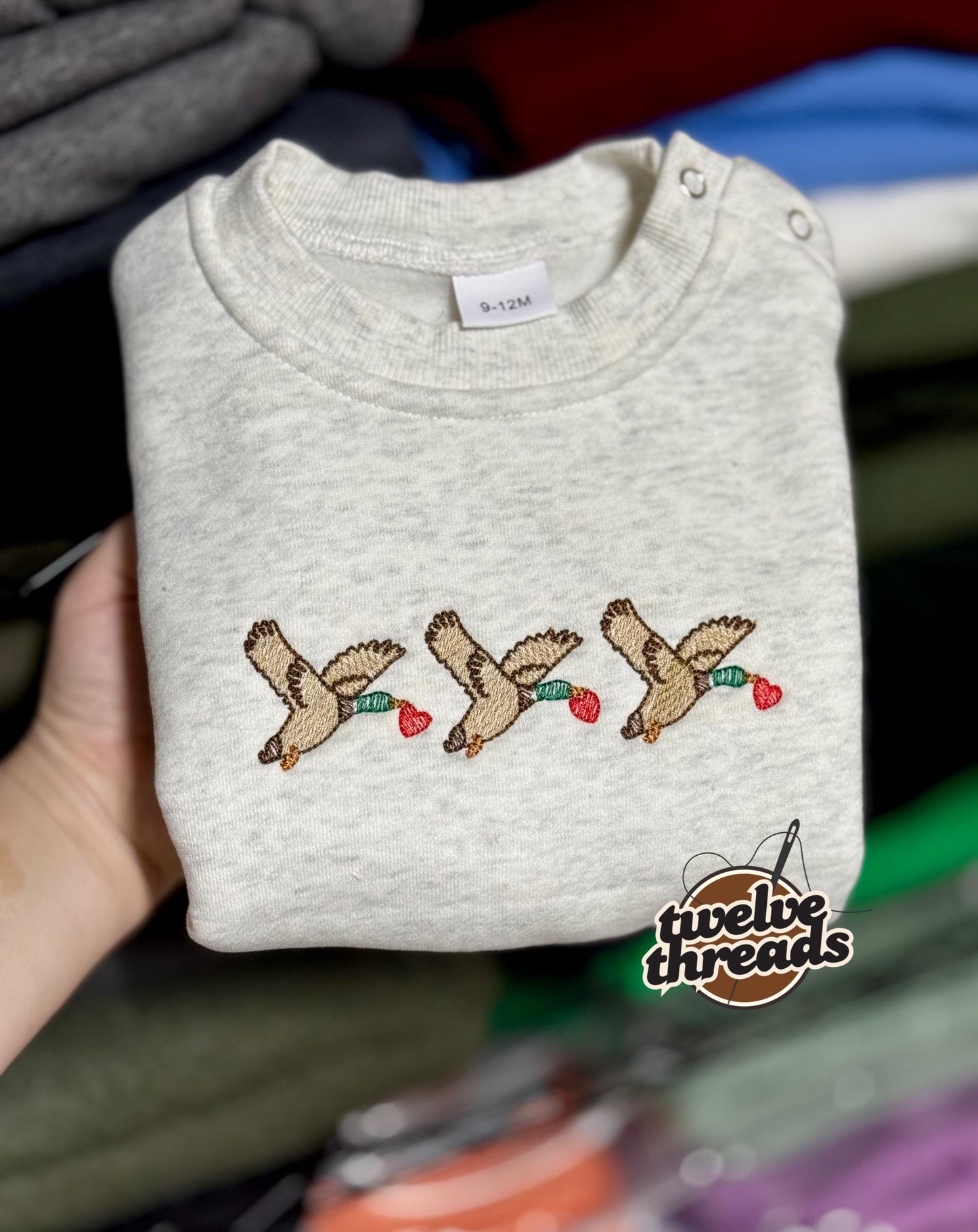 Embroidered trio mallard duck Valentine’s Day, kids bday design, holiday embroidery, hearts and ducks, custom embroidery, toddler and youth