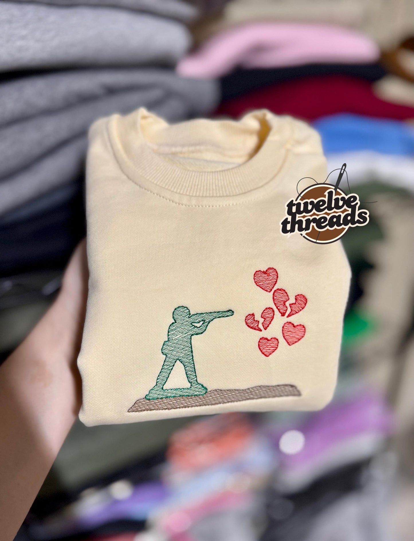 Army man Valentine’s Day shooting heart, boy valentines design, embroidered vday, kids crewneck, custom embroidery, toddler and youth, tee