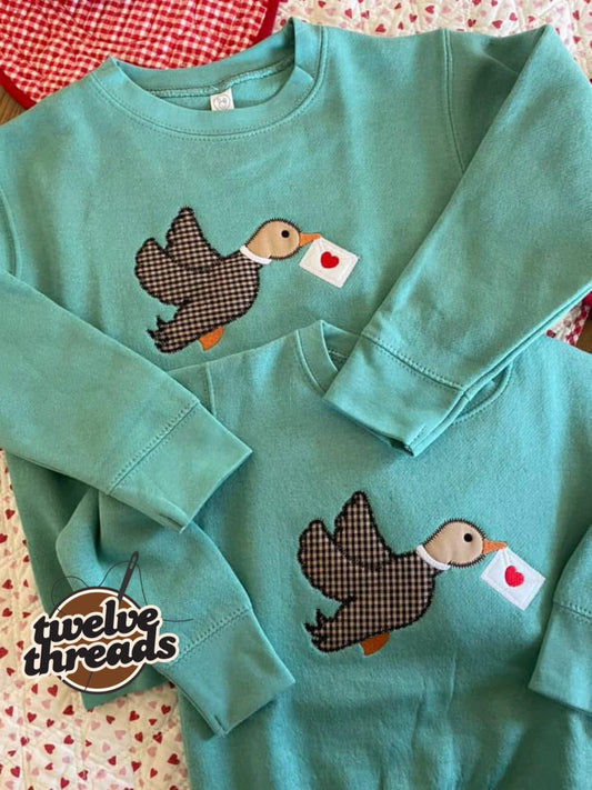 Applique mallard duck carrying heart envelope, boys valentines, kids embroidery, embroidered boys vday, Applique, holiday, love, kids v-day