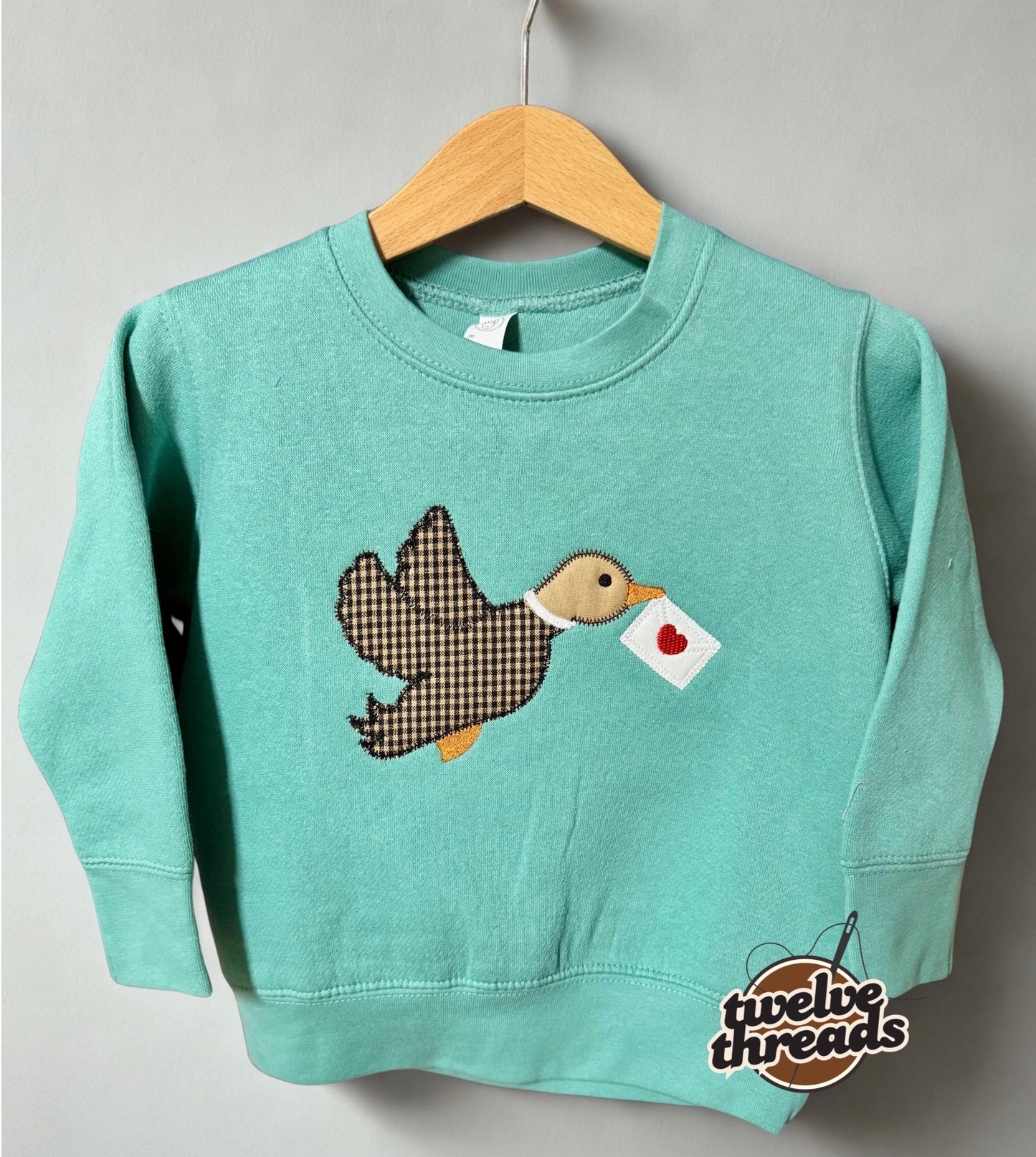 Applique mallard duck carrying heart envelope, boys valentines, kids embroidery, embroidered boys vday, Applique, holiday, love, kids v-day