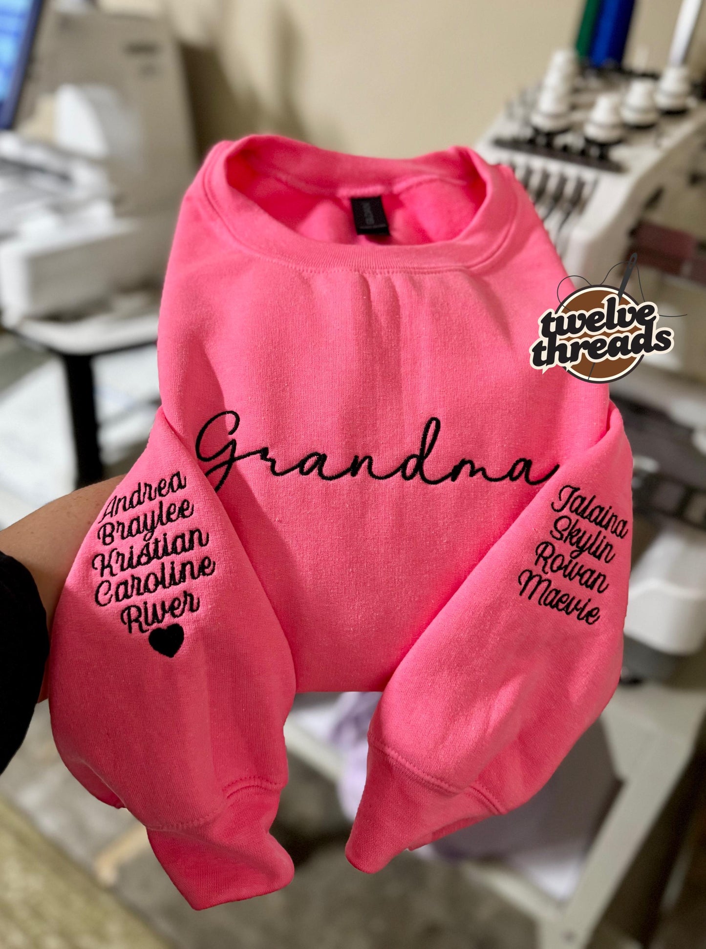 Embroidered custom name crew neck, personalized sweatshirt, embroidered unisex t shirt, embroidered names on the sleeve, custom names