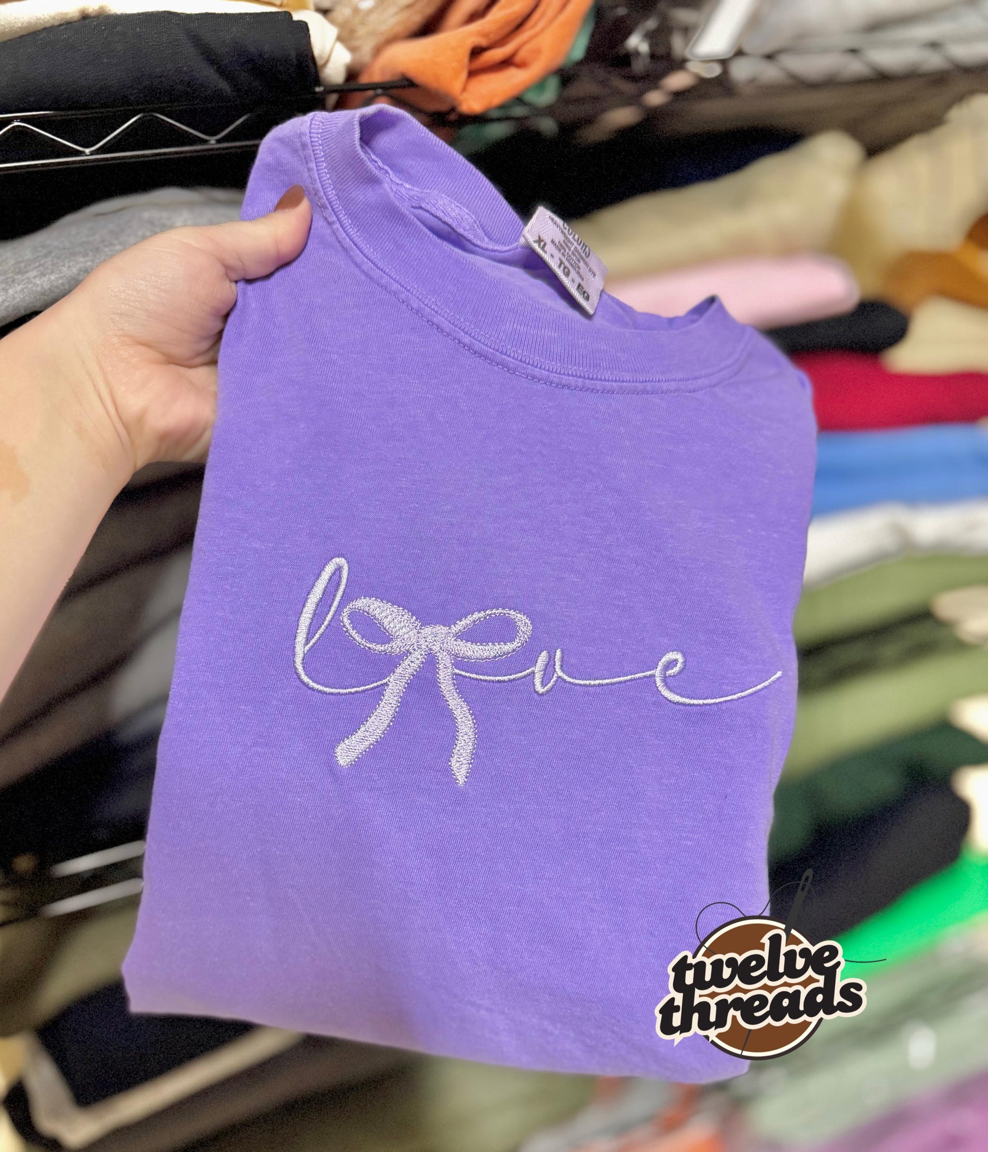 Embroidered coquette bow, love design, embroidery, girly sweatshirt, comfort colors t shirt, embroidered, Valentine’s Day, vday, pink, love