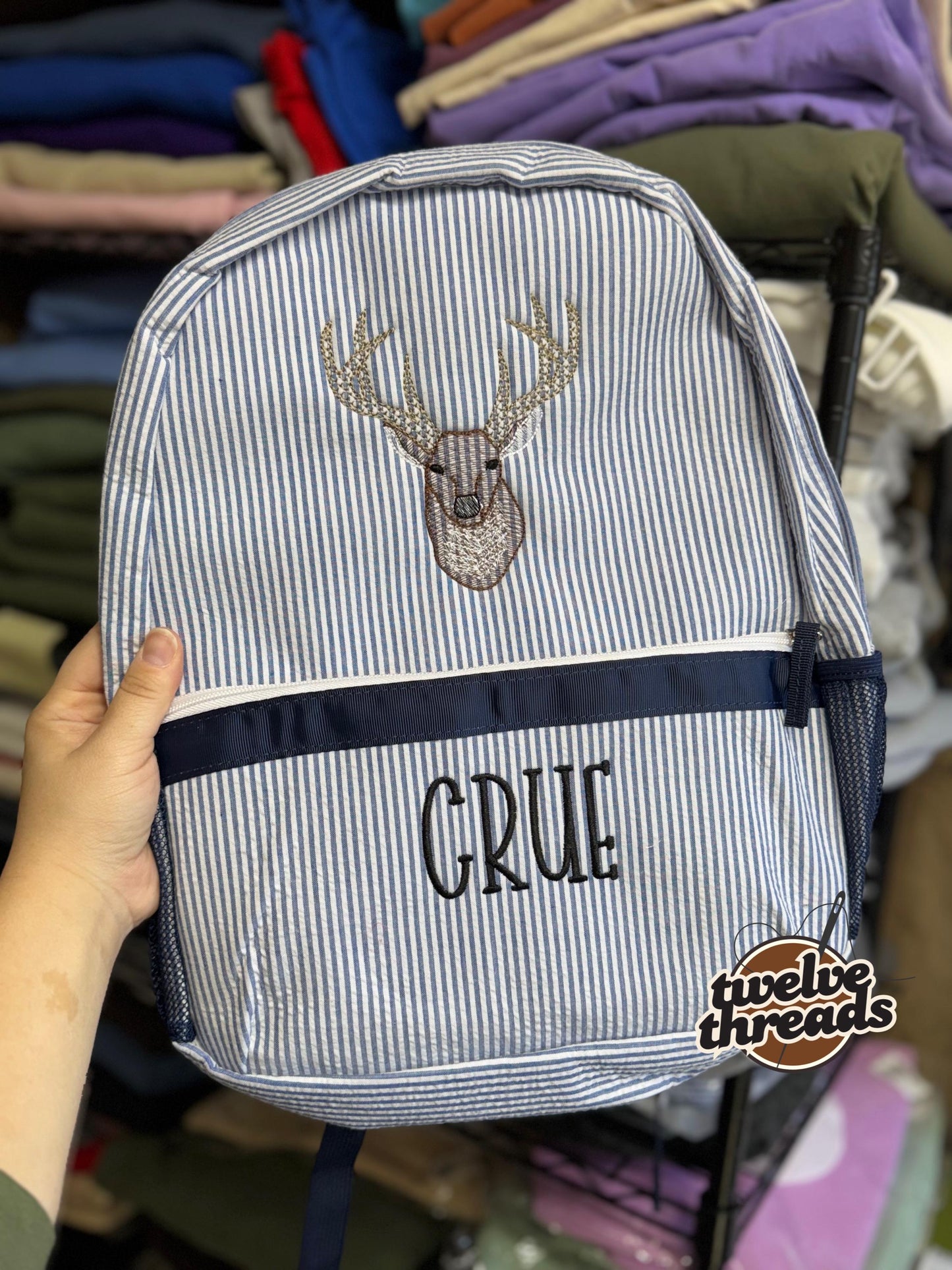 Embroidered Seersucker backpack - deer - deer season - kids backpack - diaper bag - adult backpack - embroidered backpack - embroidery