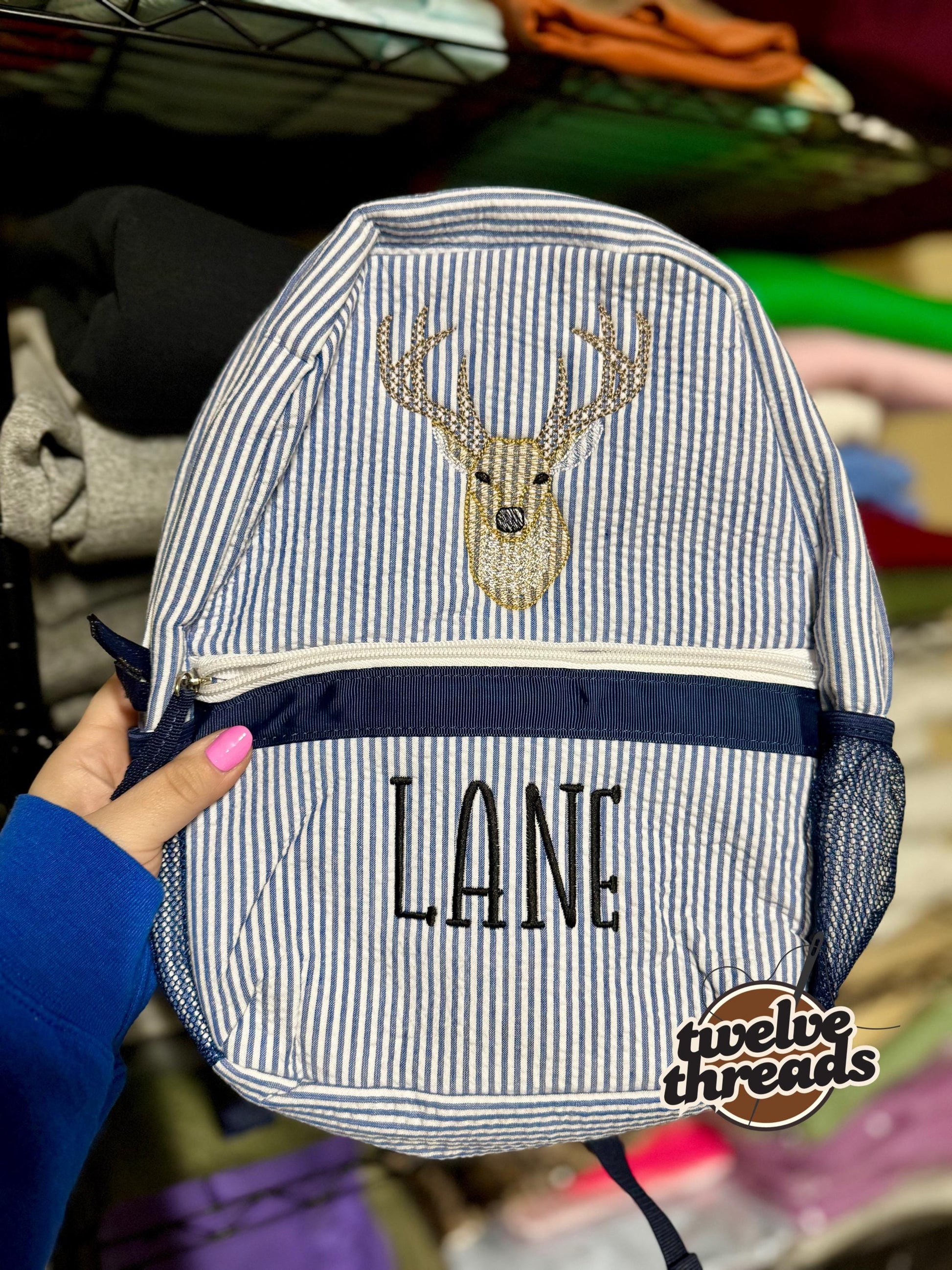 Embroidered Seersucker backpack - deer - deer season - kids backpack - diaper bag - adult backpack - embroidered backpack - embroidery