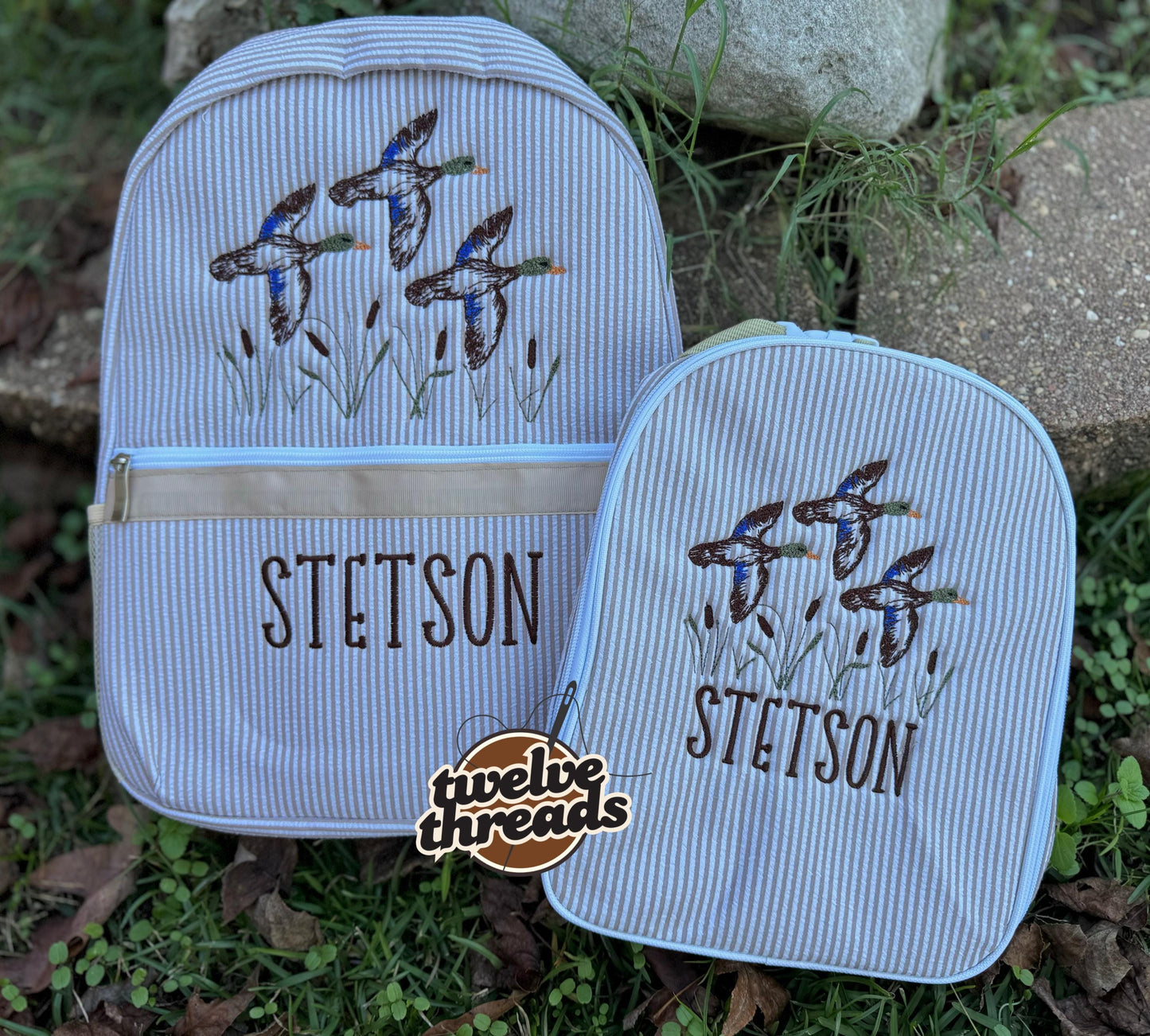 Embroidered Seersucker backpack - mallard ducks gingham - kids backpack - diaper bag - adult backpack - embroidered backpack - embroidery