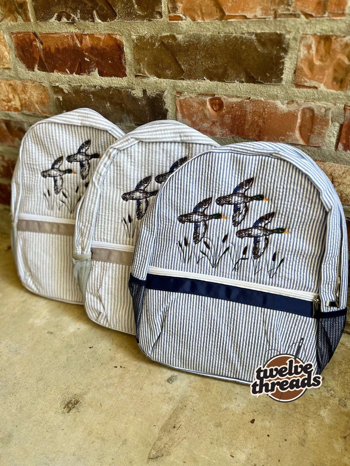Embroidered Seersucker backpack - mallard ducks gingham - kids backpack - diaper bag - adult backpack - embroidered backpack - embroidery