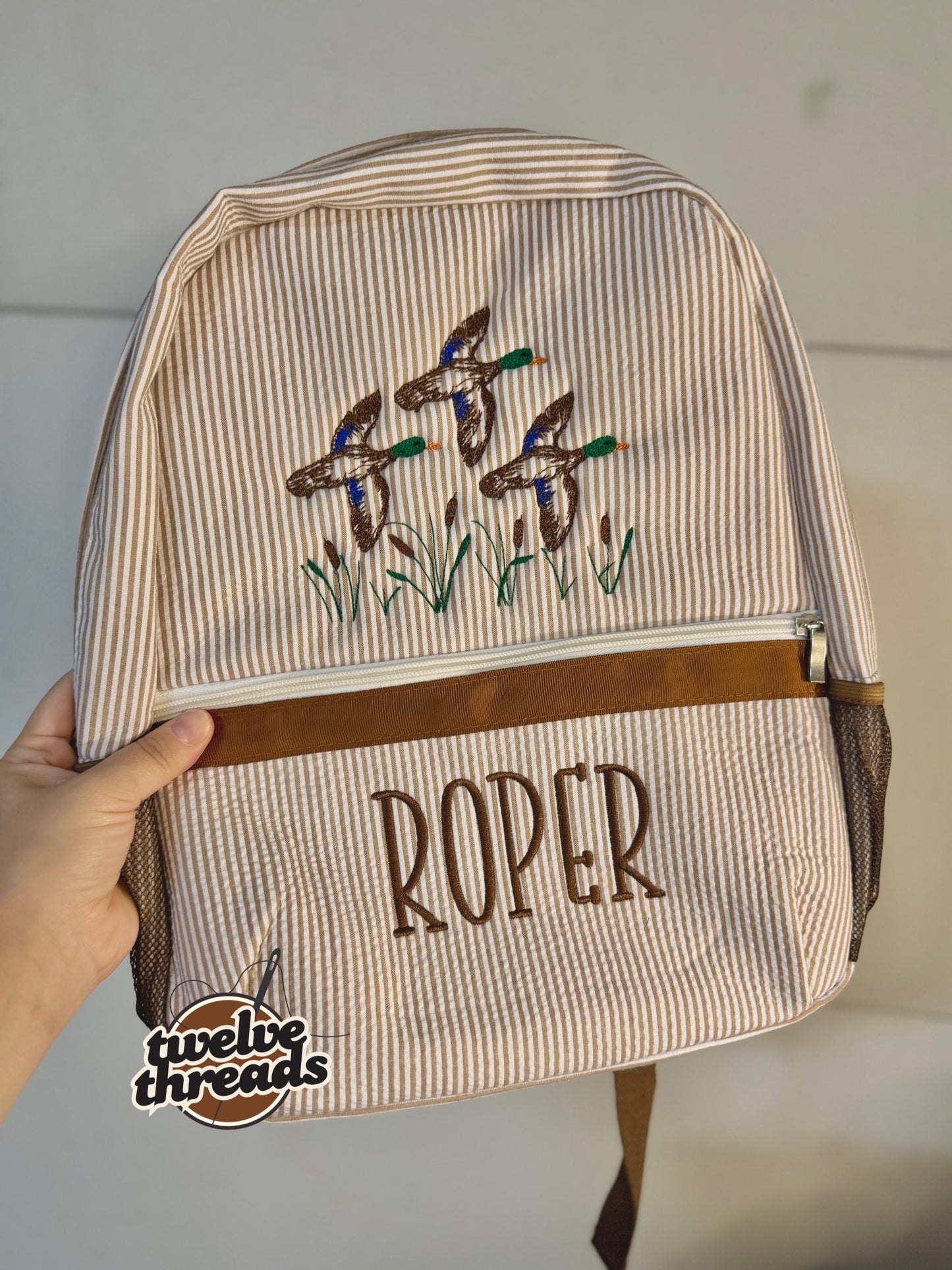 Embroidered Seersucker backpack - mallard ducks gingham - kids backpack - diaper bag - adult backpack - embroidered backpack - embroidery