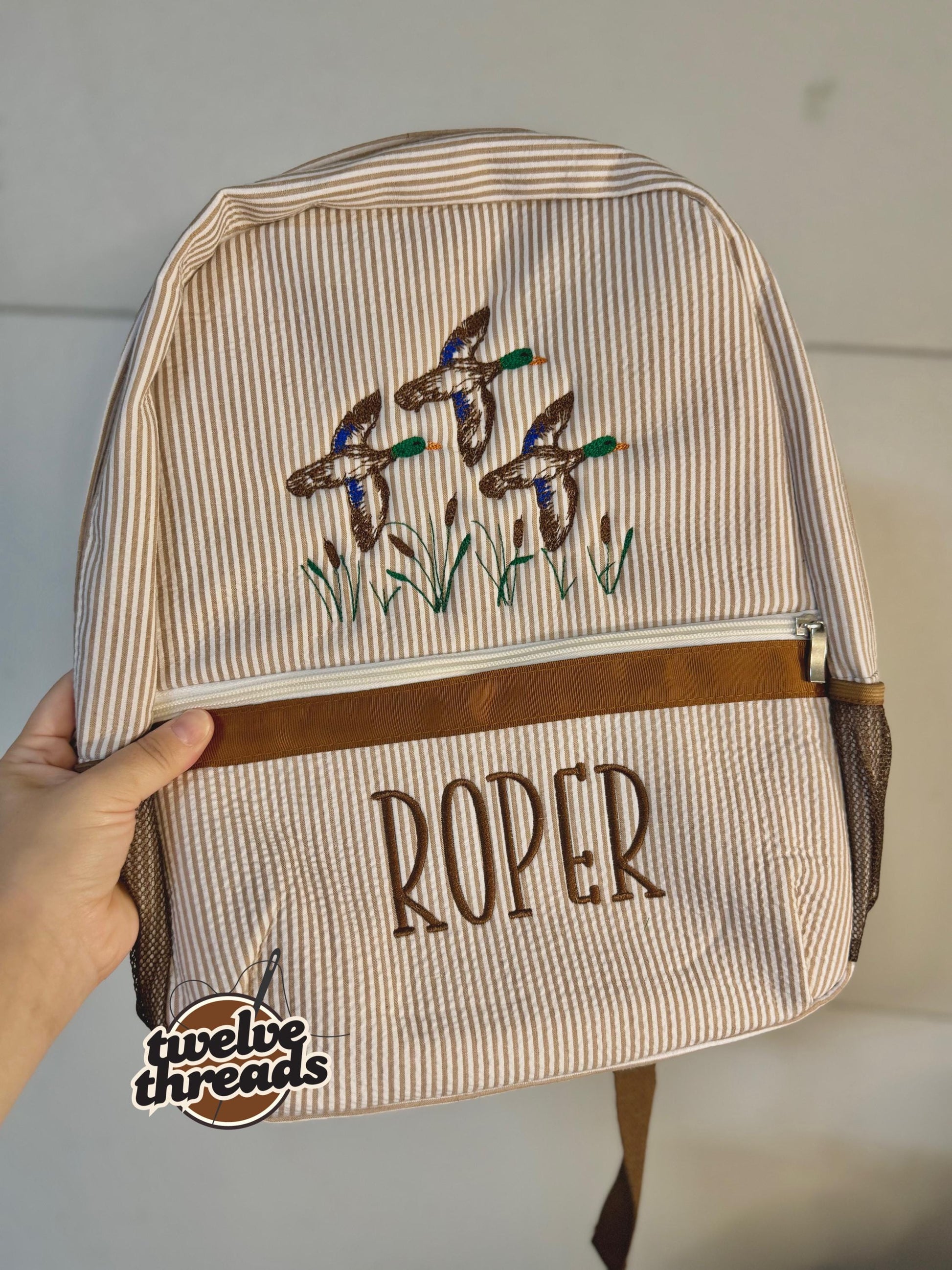 Embroidered Seersucker backpack - mallard ducks gingham - kids backpack - diaper bag - adult backpack - embroidered backpack - embroidery