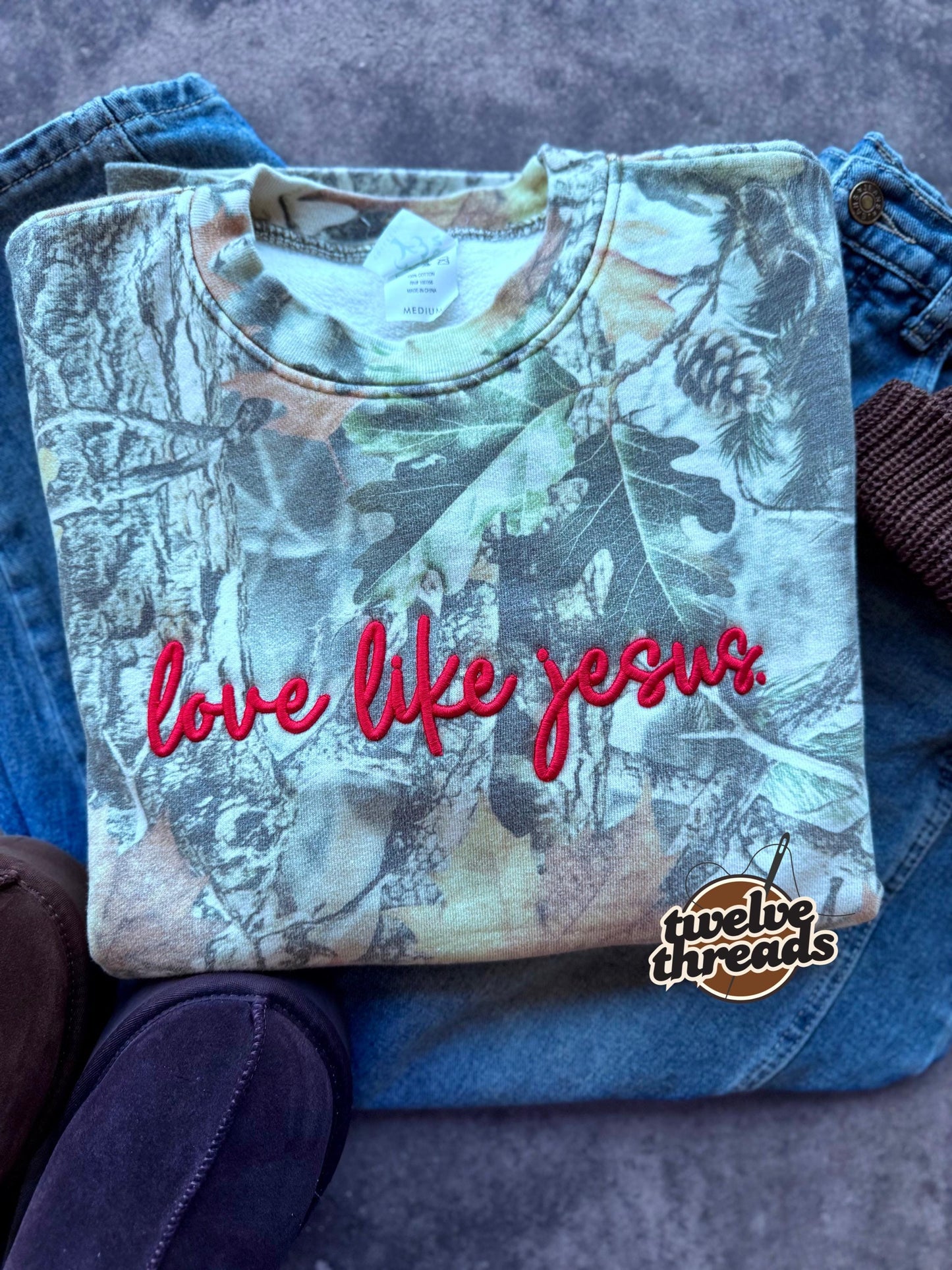 Love like Jesus, puff embroidery, camo trending crewneck tshirt, comfort colors embroidery, faith, Christian, the lord, puff design, love