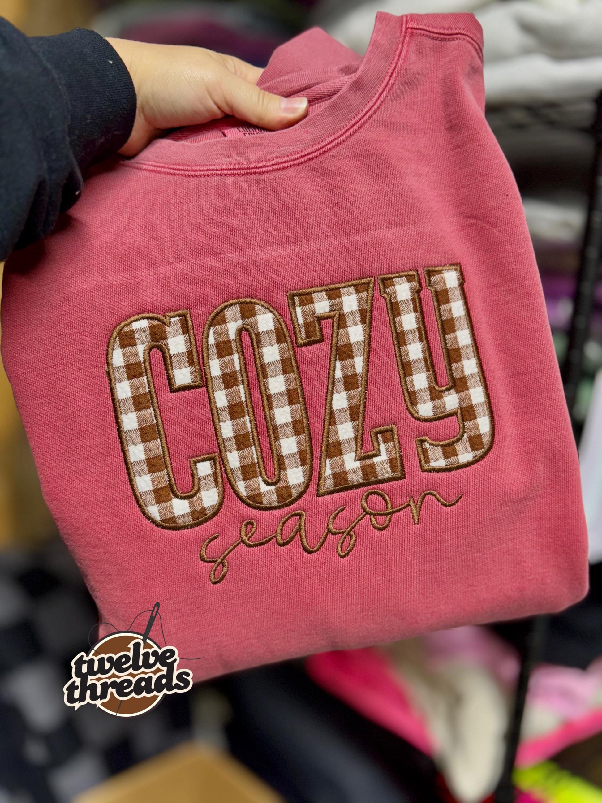 Cozy season - applique sweatshirt - embroidered design - embroidery - fall - autumn - holidays - cozy - plaid applique - applique-sweatshirt