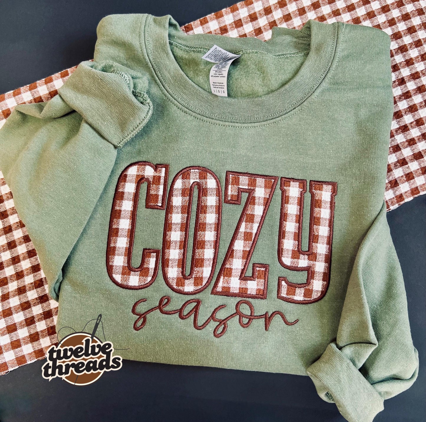 Cozy season - applique sweatshirt - embroidered design - embroidery - fall - autumn - holidays - cozy - plaid applique - applique-sweatshirt