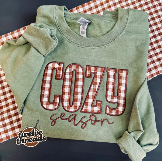 Cozy season - applique sweatshirt - embroidered design - embroidery - fall - autumn - holidays - cozy - plaid applique - applique-sweatshirt