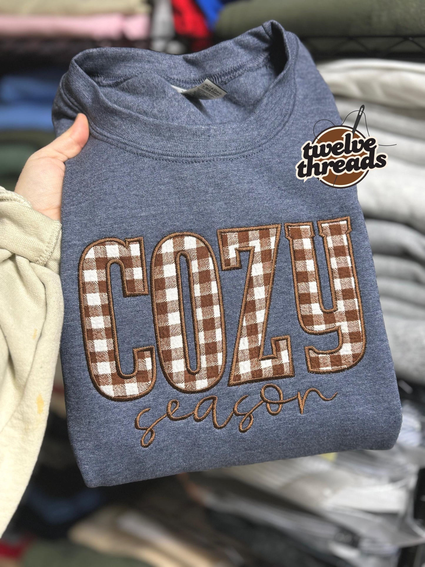 Cozy season - applique sweatshirt - embroidered design - embroidery - fall - autumn - holidays - cozy - plaid applique - applique-sweatshirt