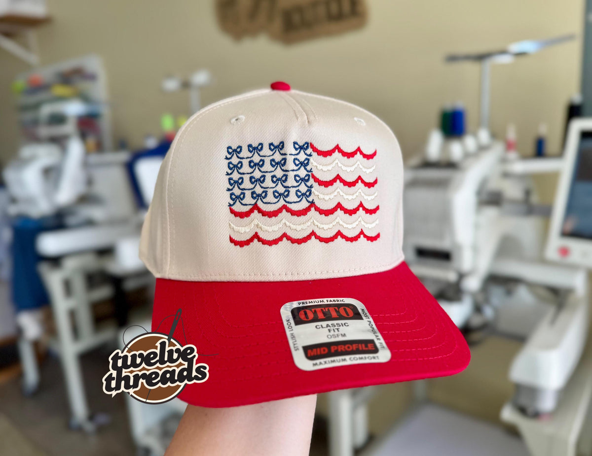 Embroidered USA flag Otto cap, 5 panel Otto cap, trucker hat, custom embroidery, embroidery trucker hat, patriotic, scalloped flag